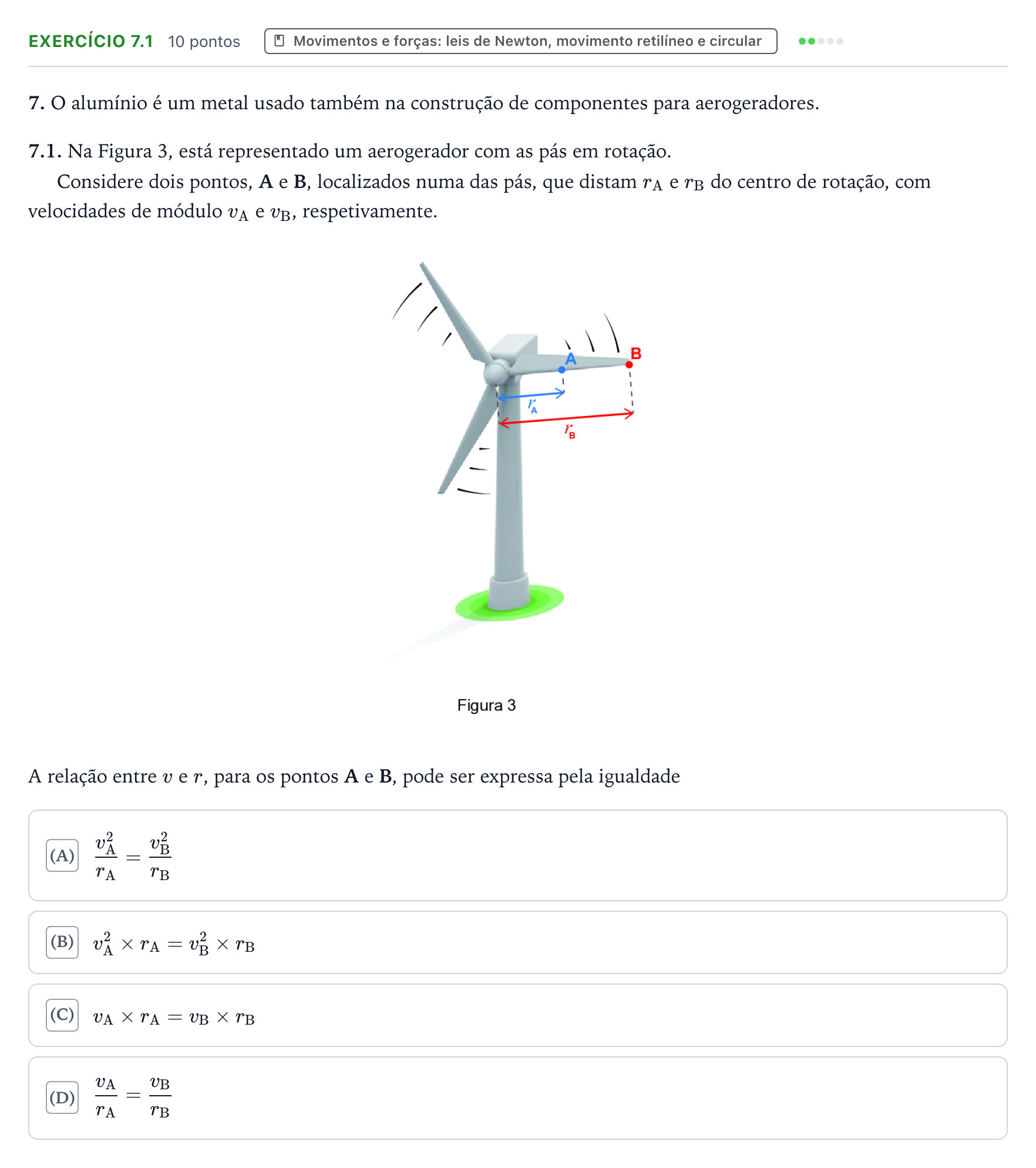 Enunciado: Exercício 7.1 · Exame Nacional Física e Química A 2.ª fase 2026