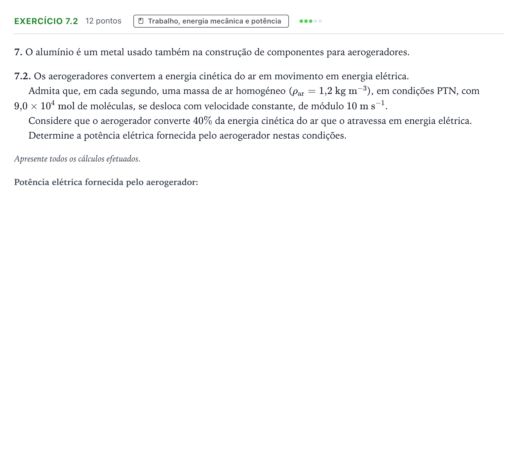 Enunciado: Exercício 7.2 · Exame Nacional Física e Química A 2.ª fase 2026