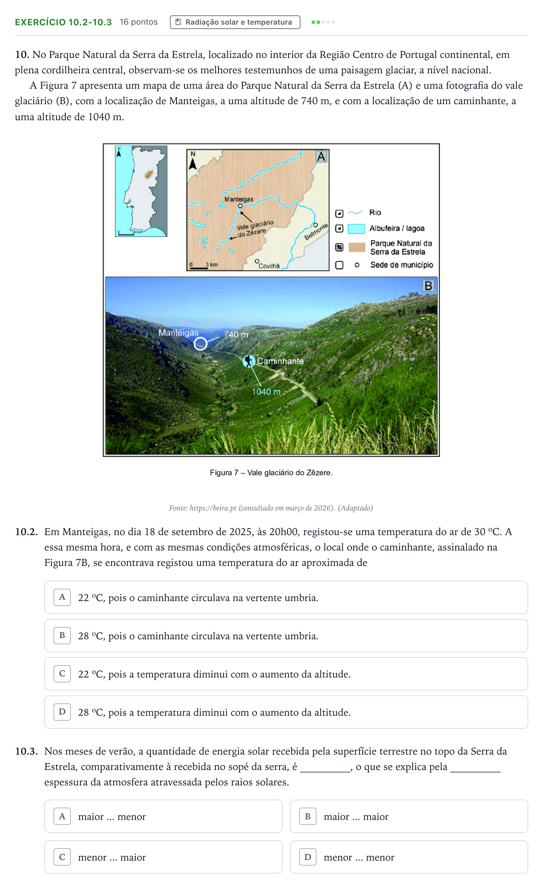 Enunciado: Exercício 10.2-10.3 - Radiação solar e temperatura · Exame Nacional Geografia A 1.ª fase 2026
