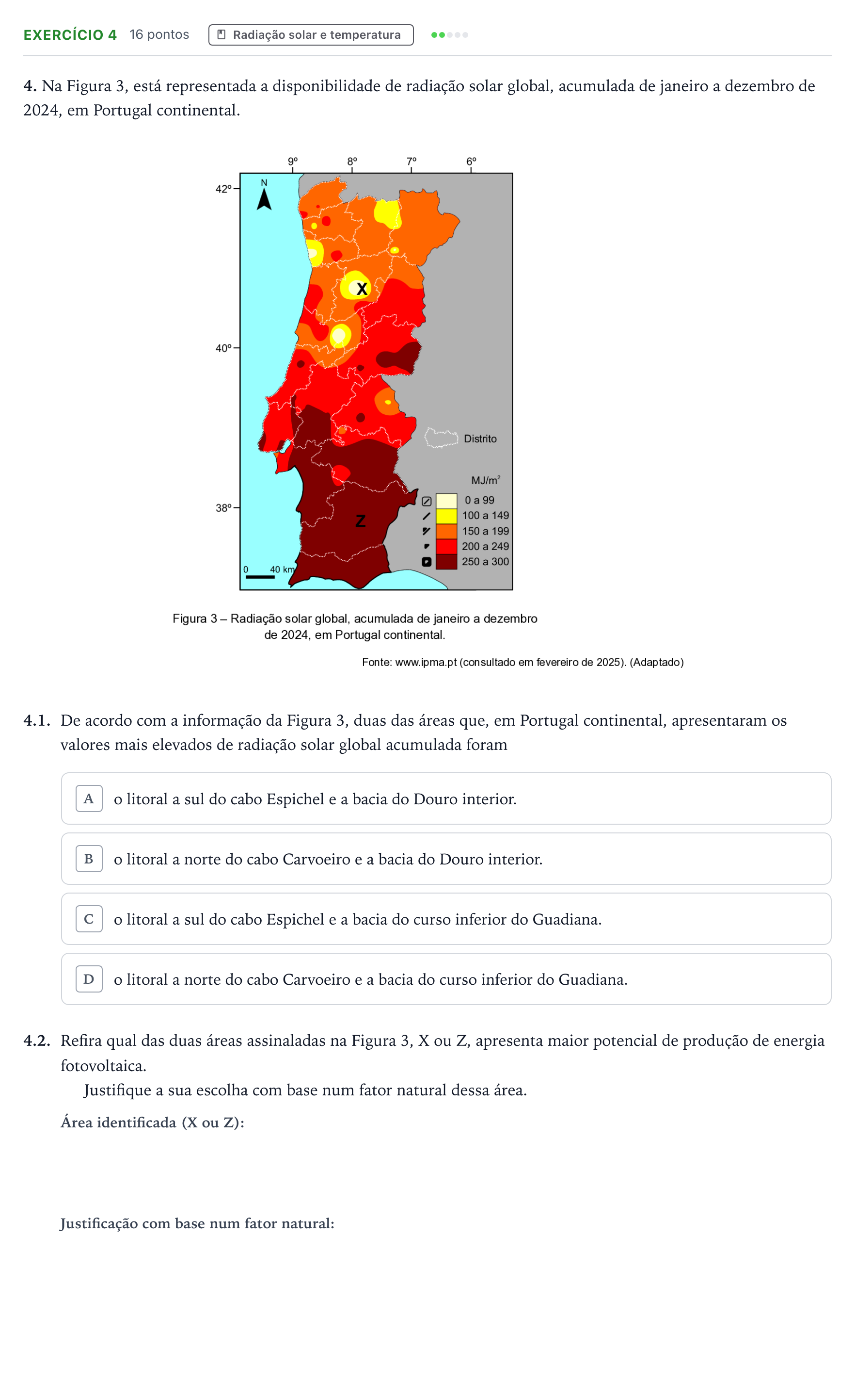 Enunciado: Exercício 4 - Radiação solar e temperatura · Exame Nacional Geografia A 2.ª fase 2026