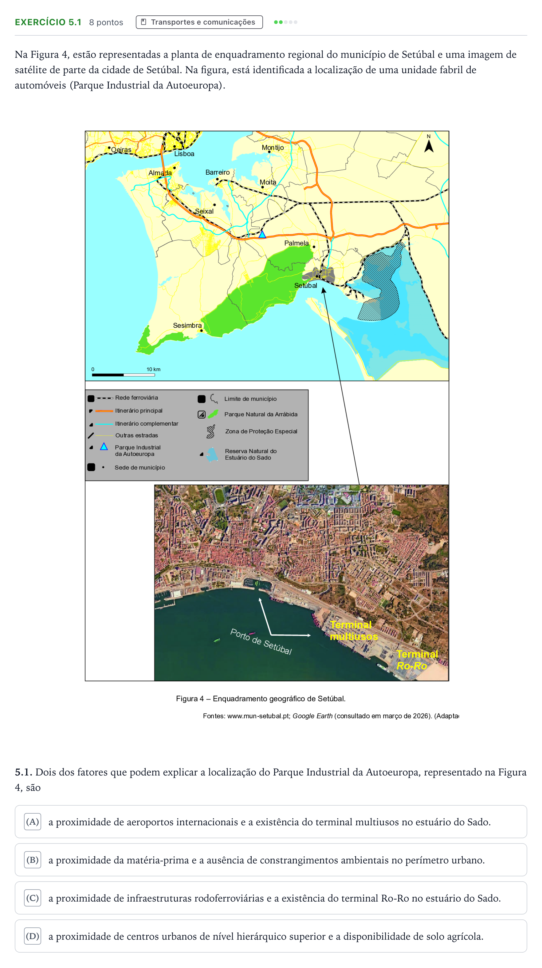 Enunciado: Exercício 5.1 - Transportes e comunicações · Exame Nacional Geografia A 2.ª fase 2026