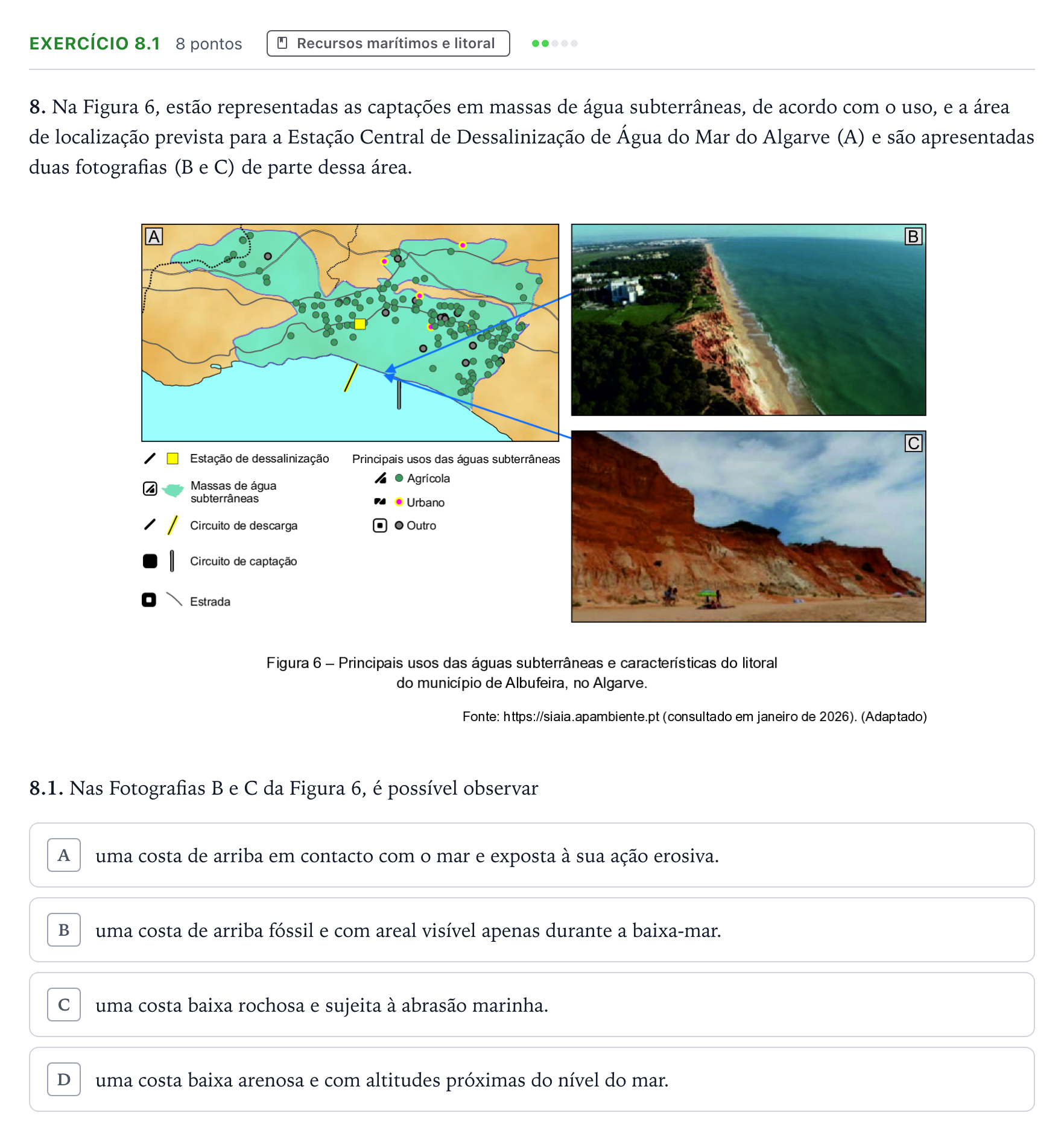 Enunciado: Exercício 8.1 - Recursos marítimos e litoral · Exame Nacional Geografia A 2.ª fase 2026