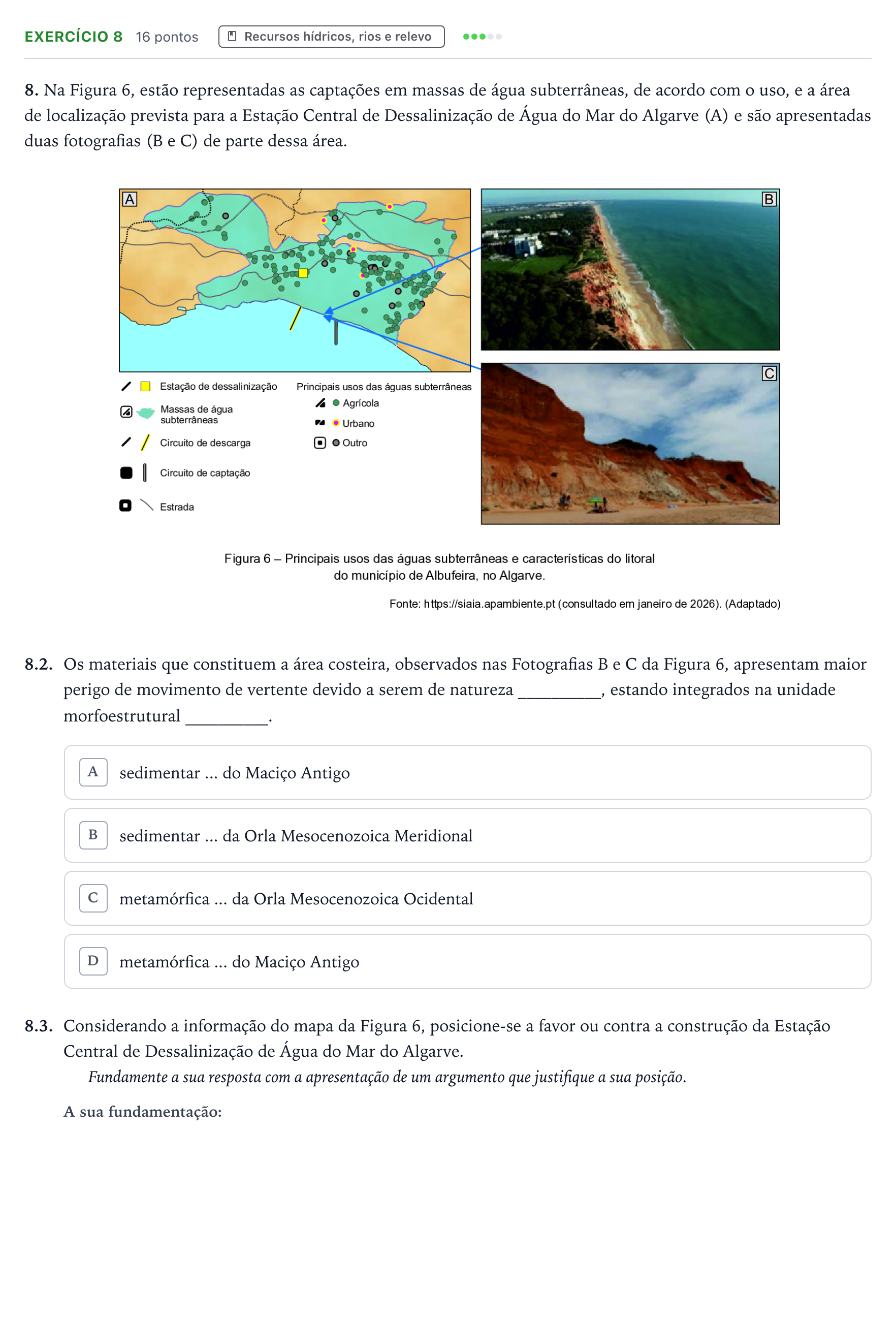 Enunciado: Exercício 8 - Recursos hídricos, rios e relevo · Exame Nacional Geografia A 2.ª fase 2026