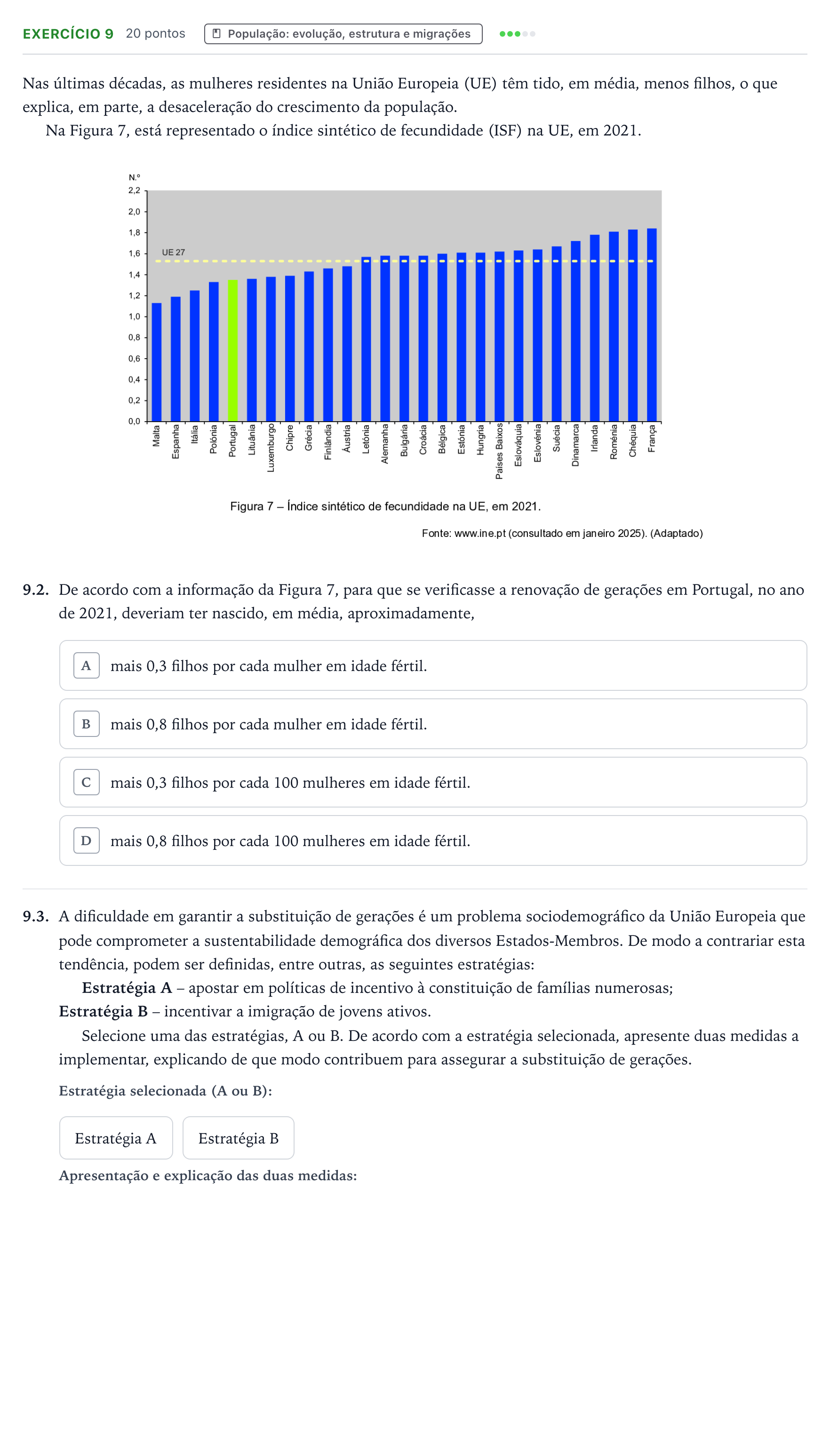 Enunciado: Exercício 9 - População: evolução, estrutura e migrações · Exame Nacional Geografia A 2.ª fase 2026