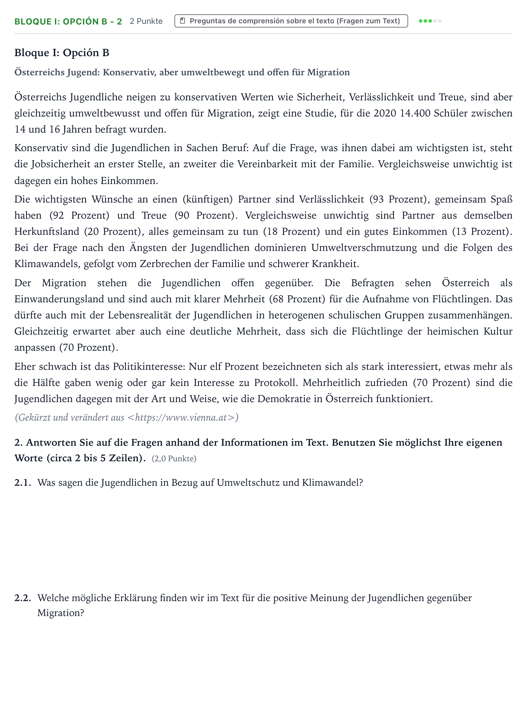 Enunciado: Bloque I: Opción B - 2 · Alemán PAU Aragón Ordinaria 2024