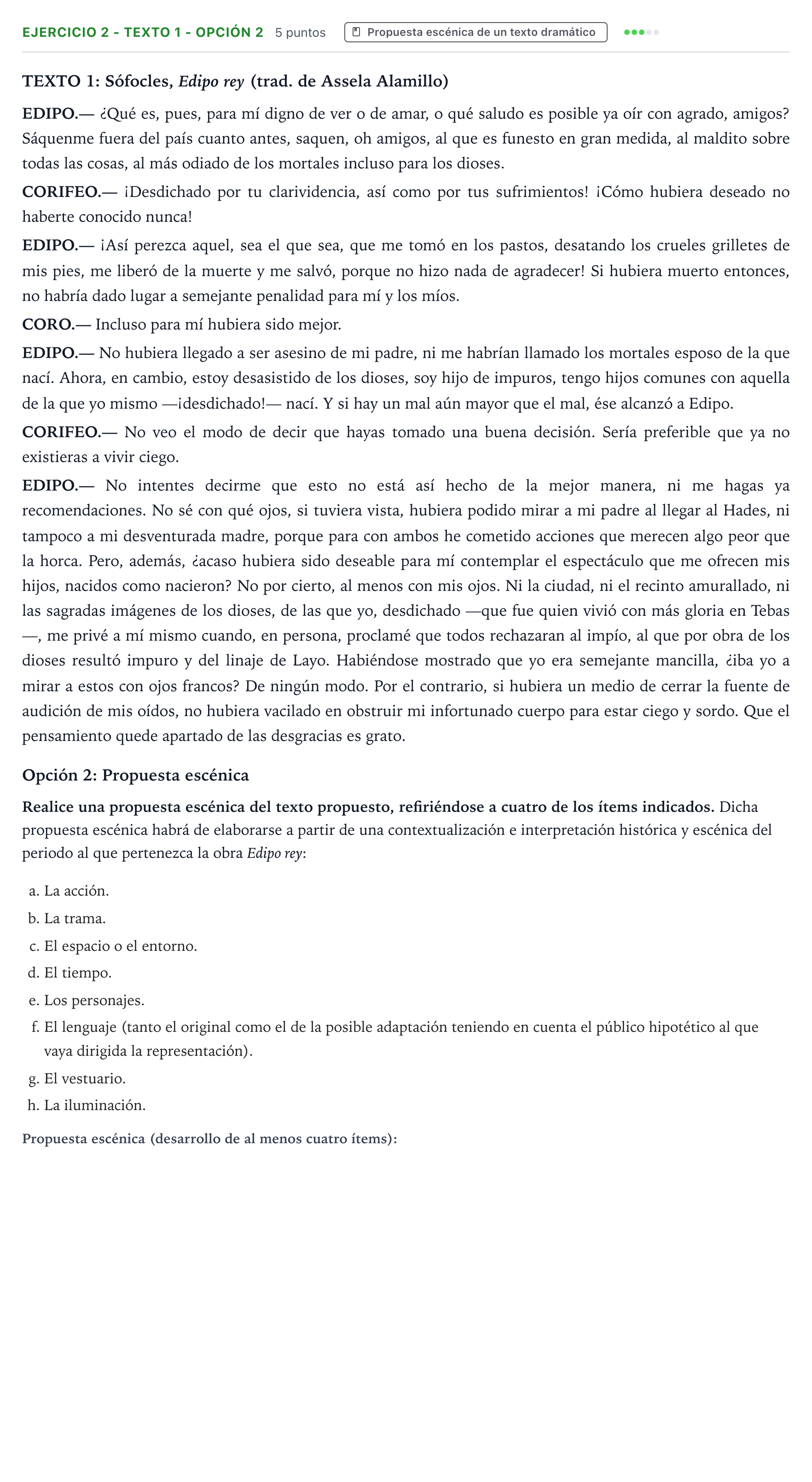 Enunciado: Ejercicio 2 - Texto 1 - Opción 2 · Artes Escénicas PAU Aragón Extraordinaria 2024