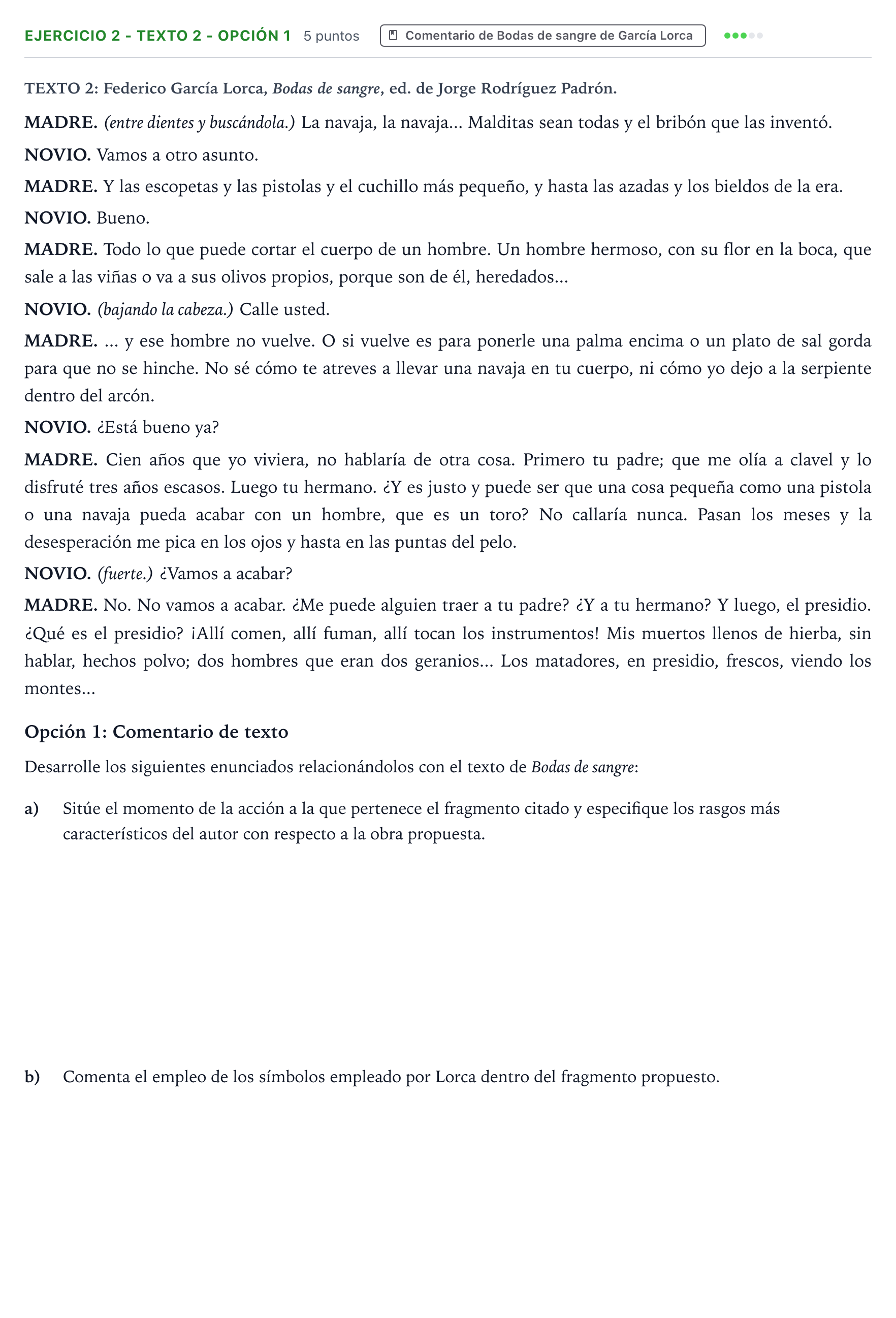 Enunciado: Ejercicio 2 - Texto 2 - Opción 1 · Artes Escénicas PAU Aragón Extraordinaria 2024