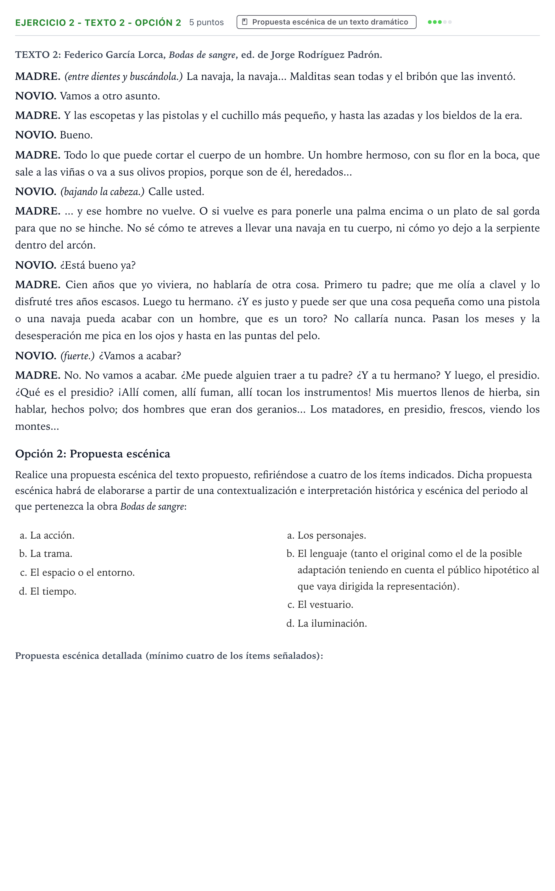 Enunciado: Ejercicio 2 - Texto 2 - Opción 2 · Artes Escénicas PAU Aragón Extraordinaria 2024