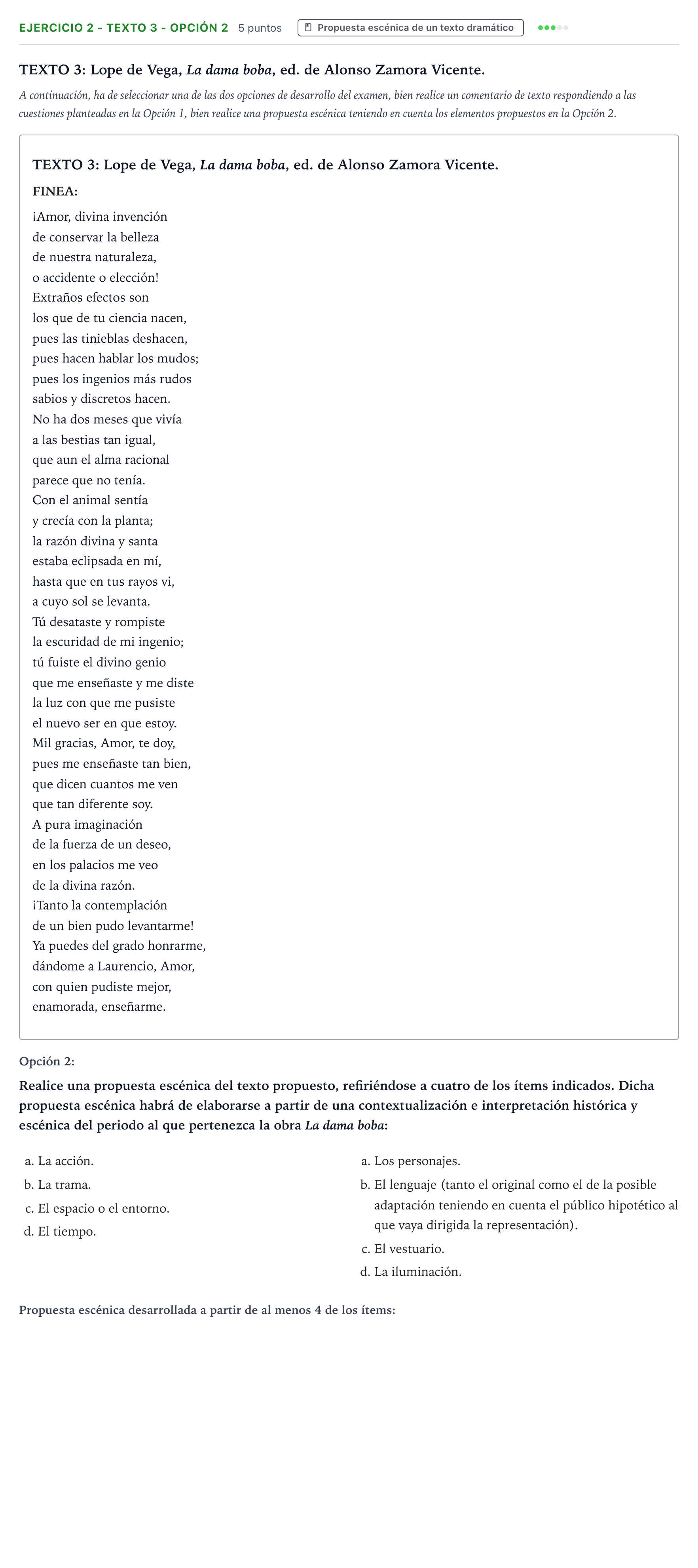Enunciado: Ejercicio 2 - Texto 3 - Opción 2 · Artes Escénicas PAU Aragón Extraordinaria 2024