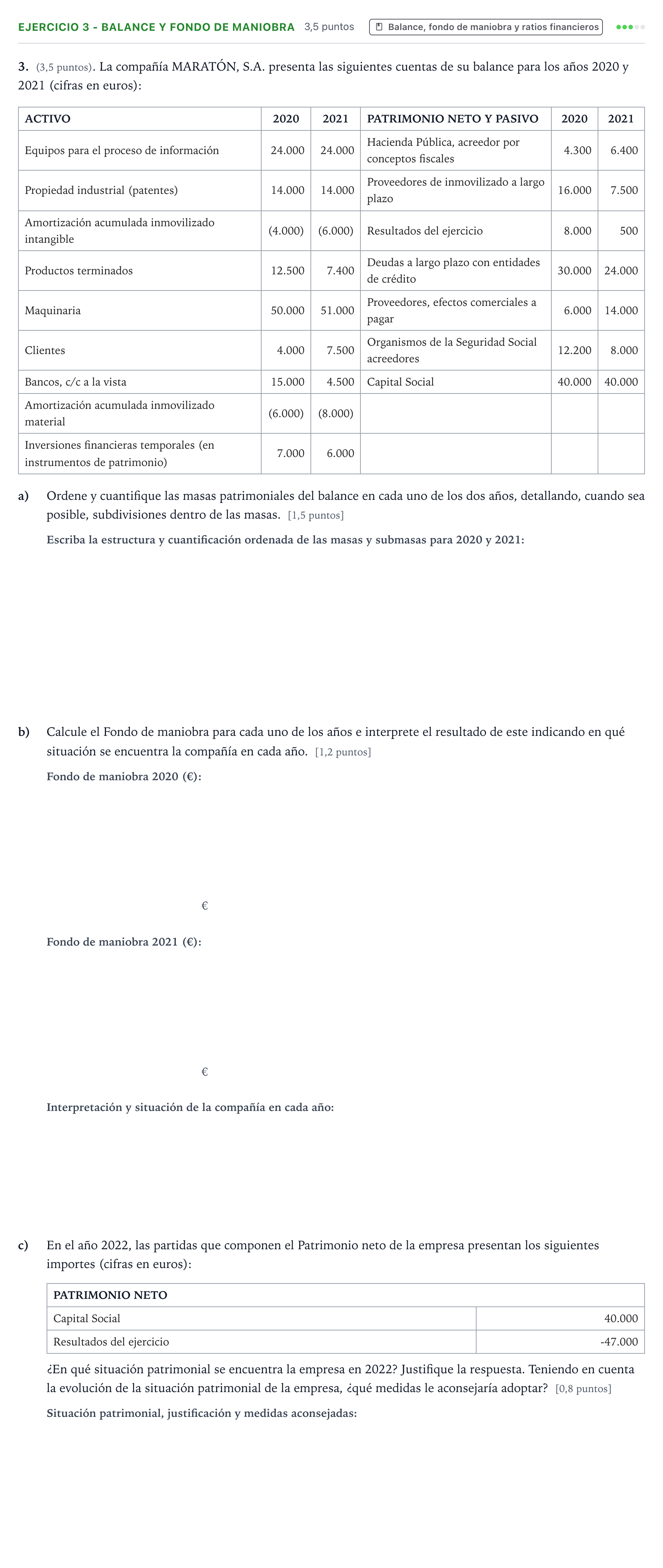 Enunciado: Ejercicio 3 - Balance y fondo de maniobra · Empresa y Diseño de Modelos de Negocio PAU Aragón Extraordinaria 2024