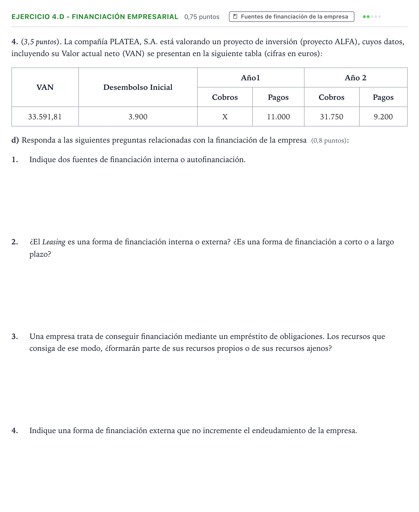Enunciado: Ejercicio 4.d - Financiación empresarial · Empresa y Diseño de Modelos de Negocio PAU Aragón Extraordinaria 2024