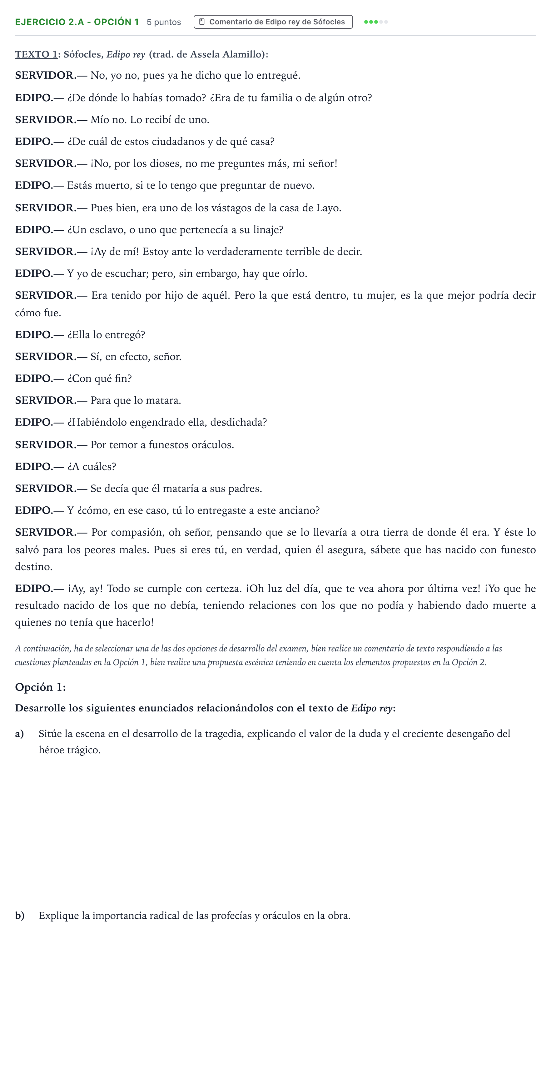 Enunciado: Ejercicio 2.a - Opción 1 · Artes Escénicas PAU Aragón Ordinaria 2024