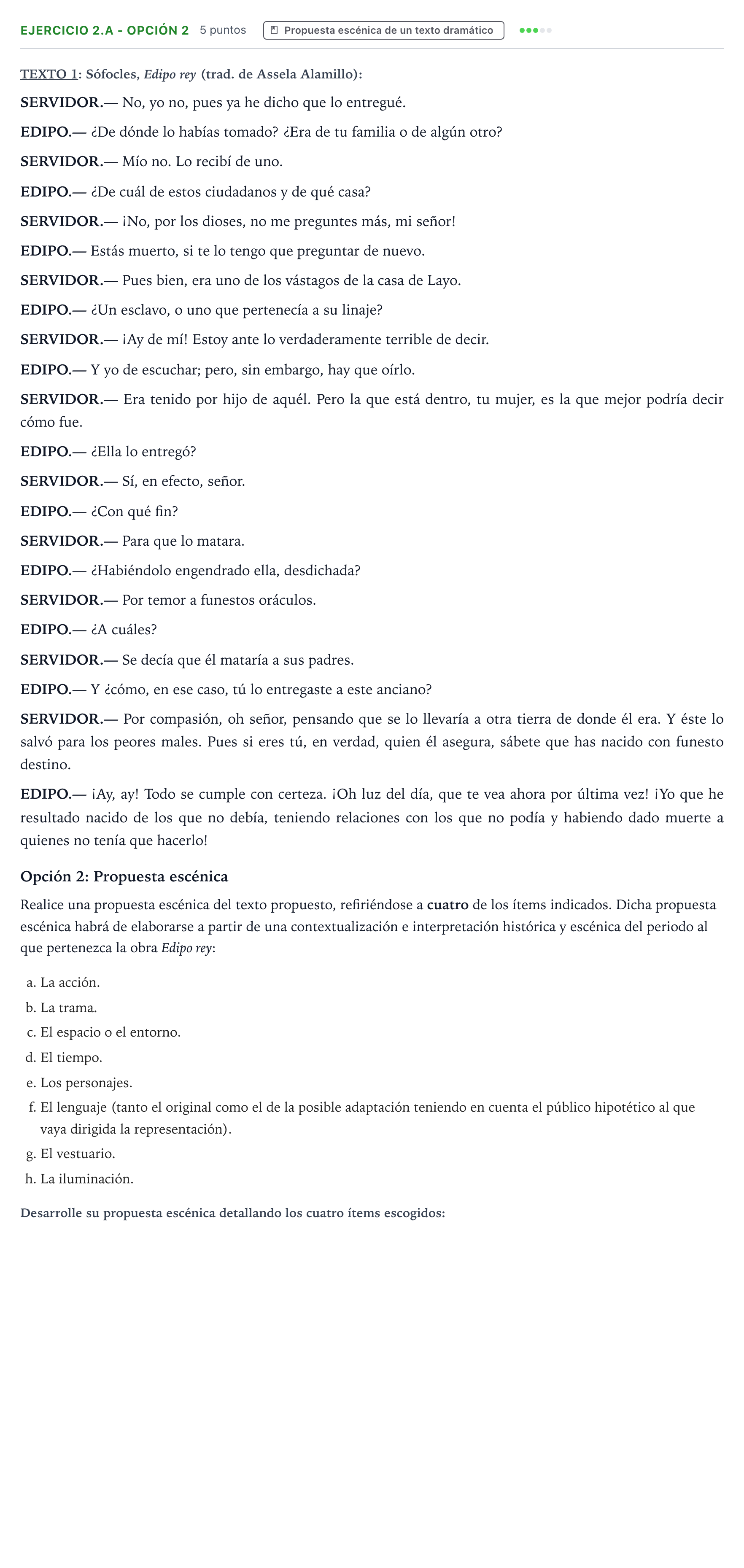 Enunciado: Ejercicio 2.a - Opción 2 · Artes Escénicas PAU Aragón Ordinaria 2024
