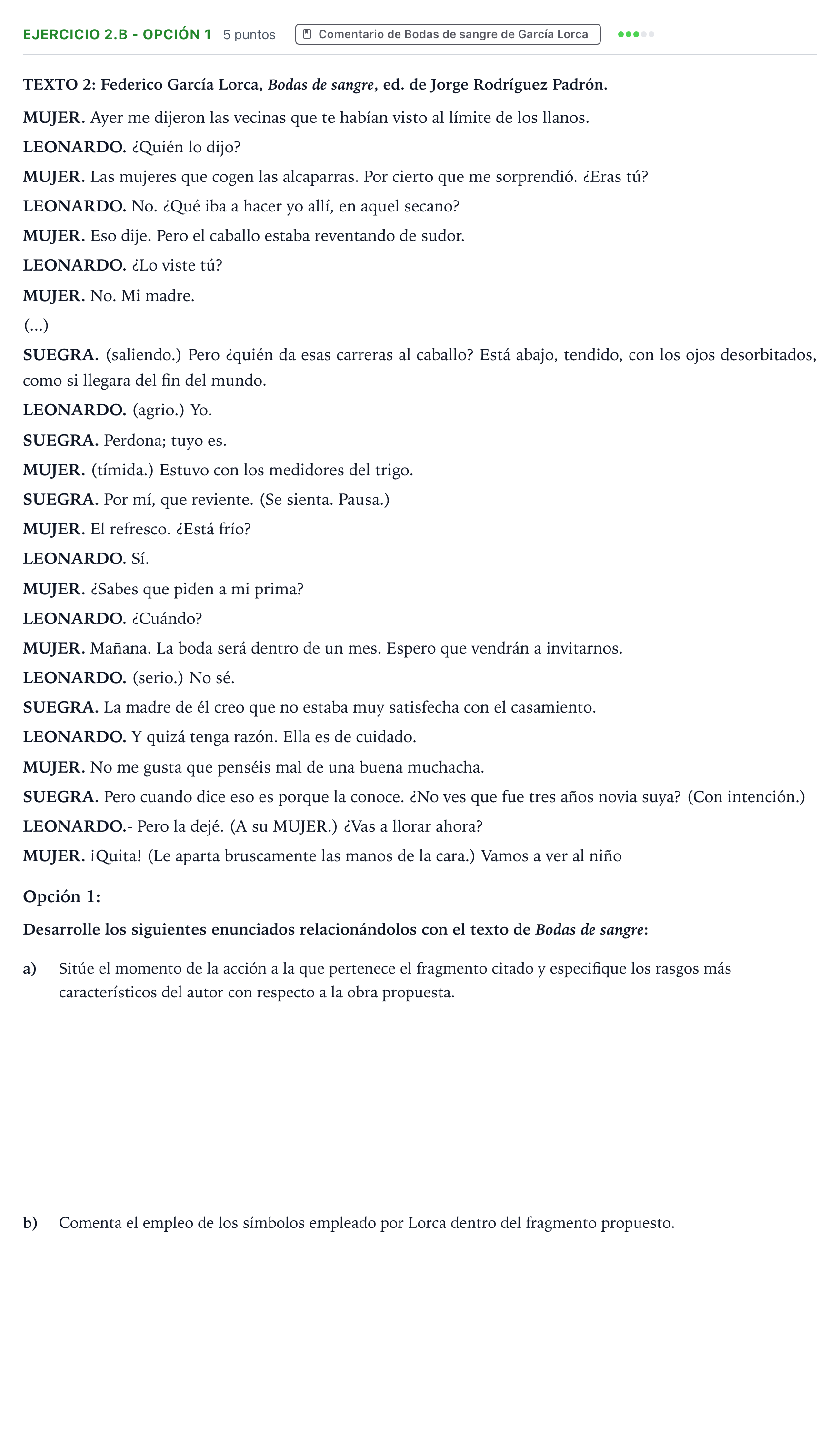Enunciado: Ejercicio 2.b - Opción 1 · Artes Escénicas PAU Aragón Ordinaria 2024