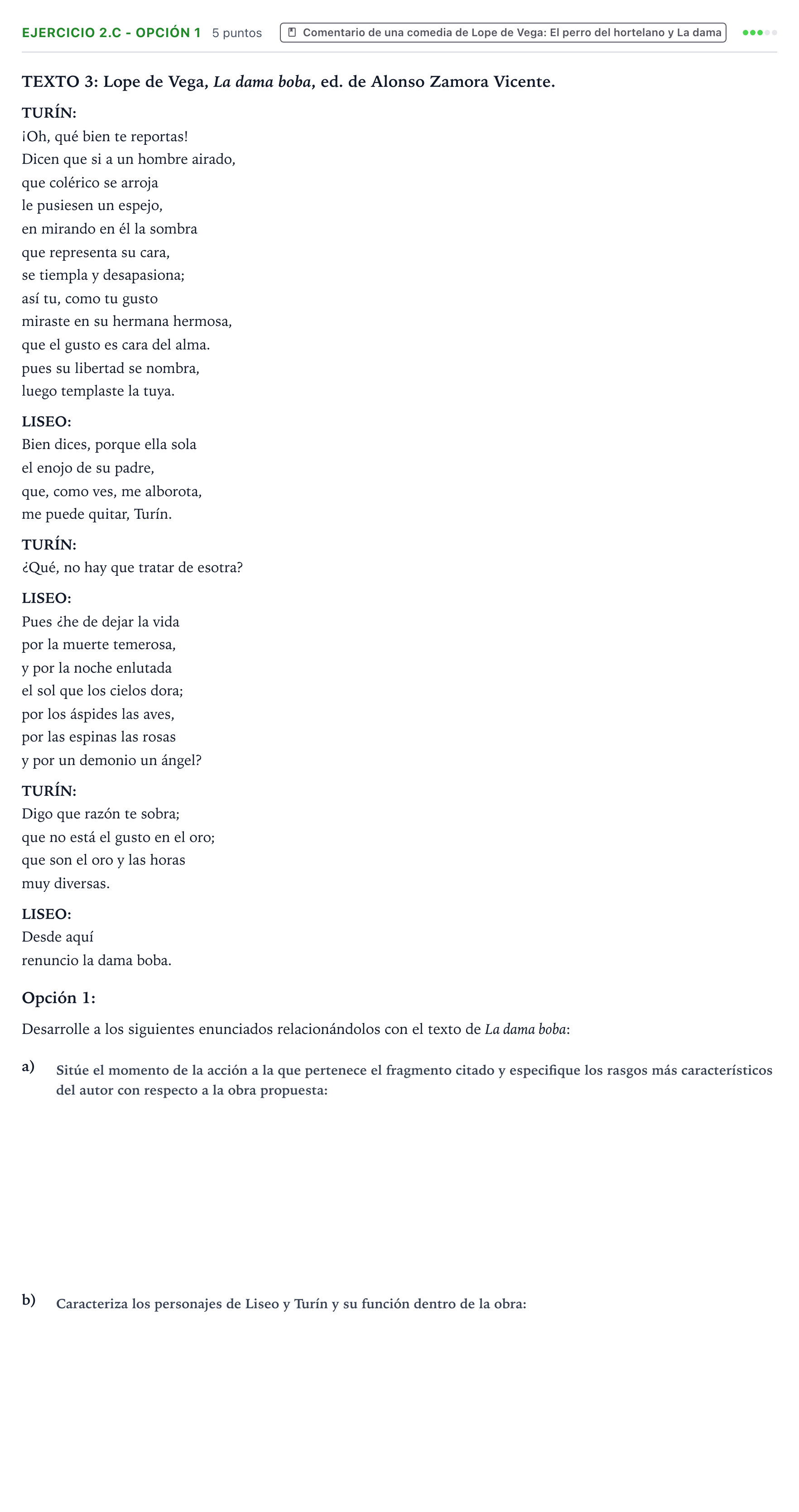 Enunciado: Ejercicio 2.c - Opción 1 · Artes Escénicas PAU Aragón Ordinaria 2024