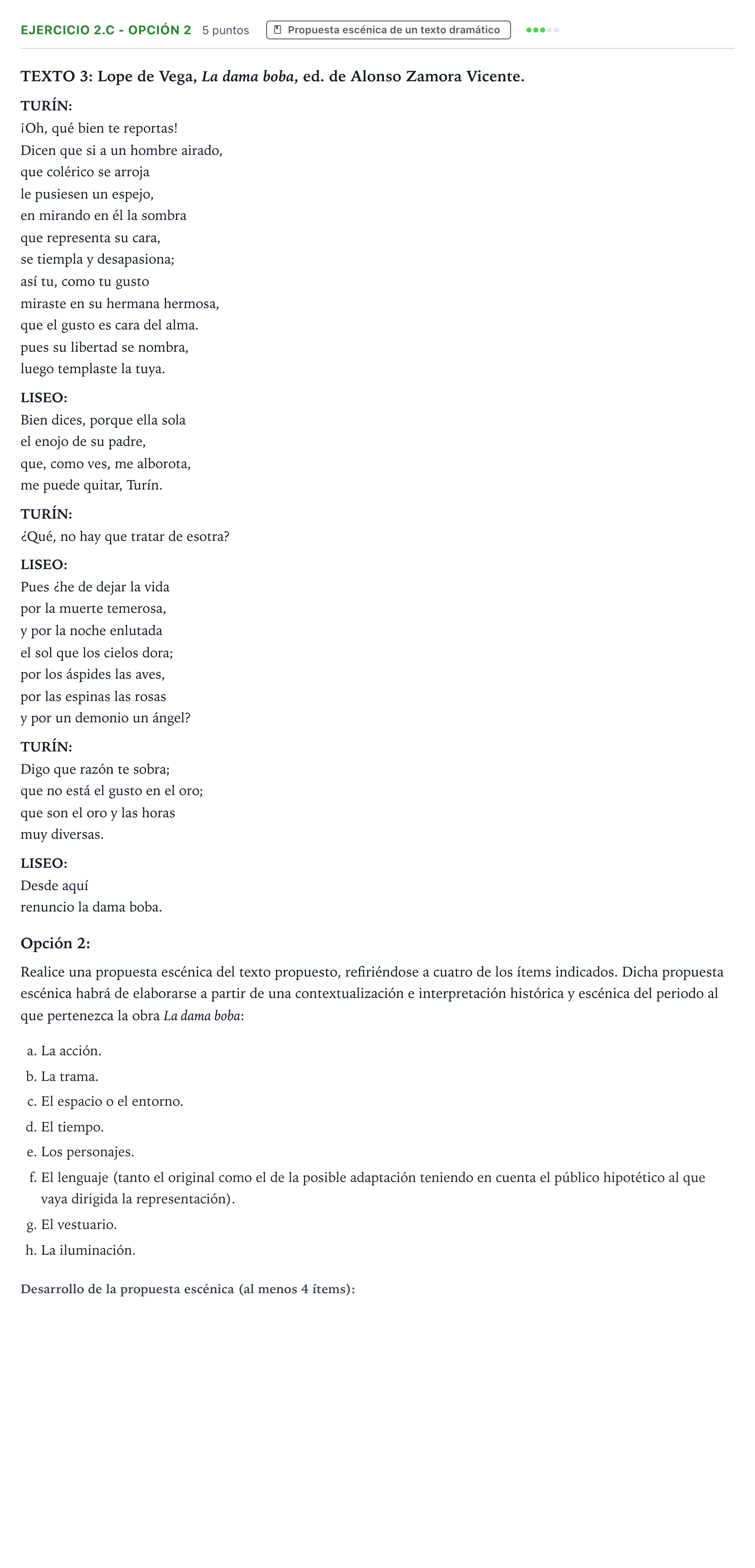 Enunciado: Ejercicio 2.c - Opción 2 · Artes Escénicas PAU Aragón Ordinaria 2024