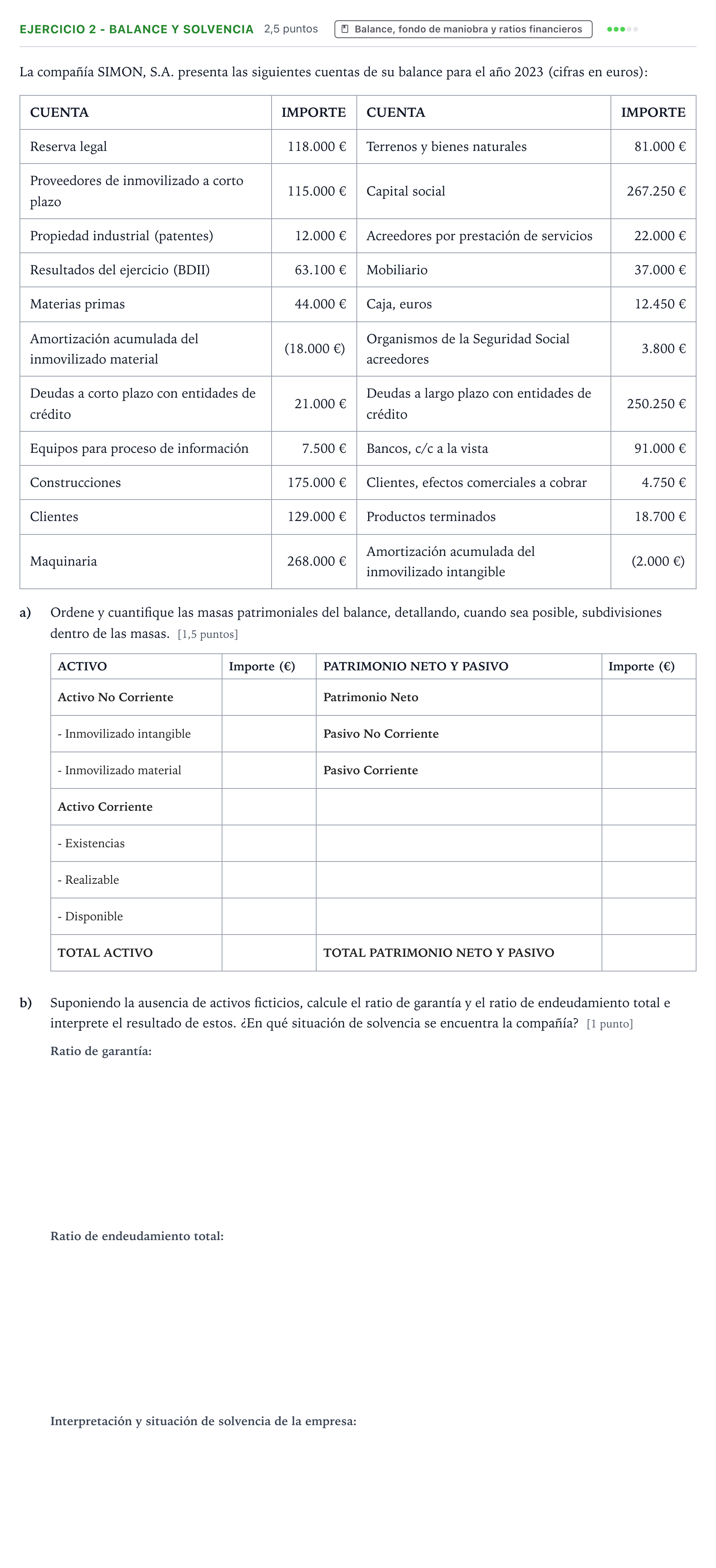 Enunciado: Ejercicio 2 - Balance y solvencia · Empresa y Diseño de Modelos de Negocio PAU Aragón Ordinaria 2024
