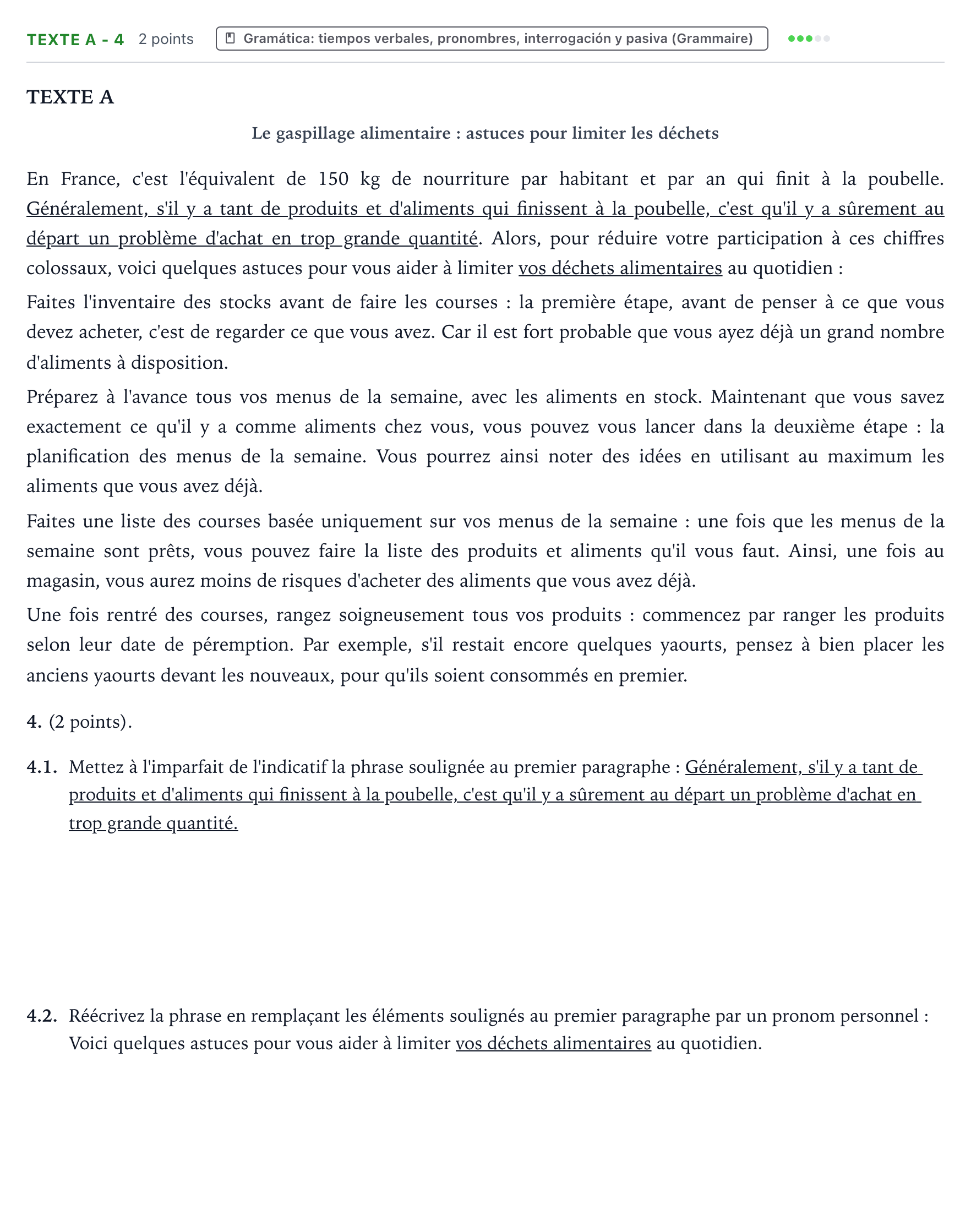 Enunciado: Ejercicio Texte A - 4 · Francés PAU Aragón Ordinaria 2024