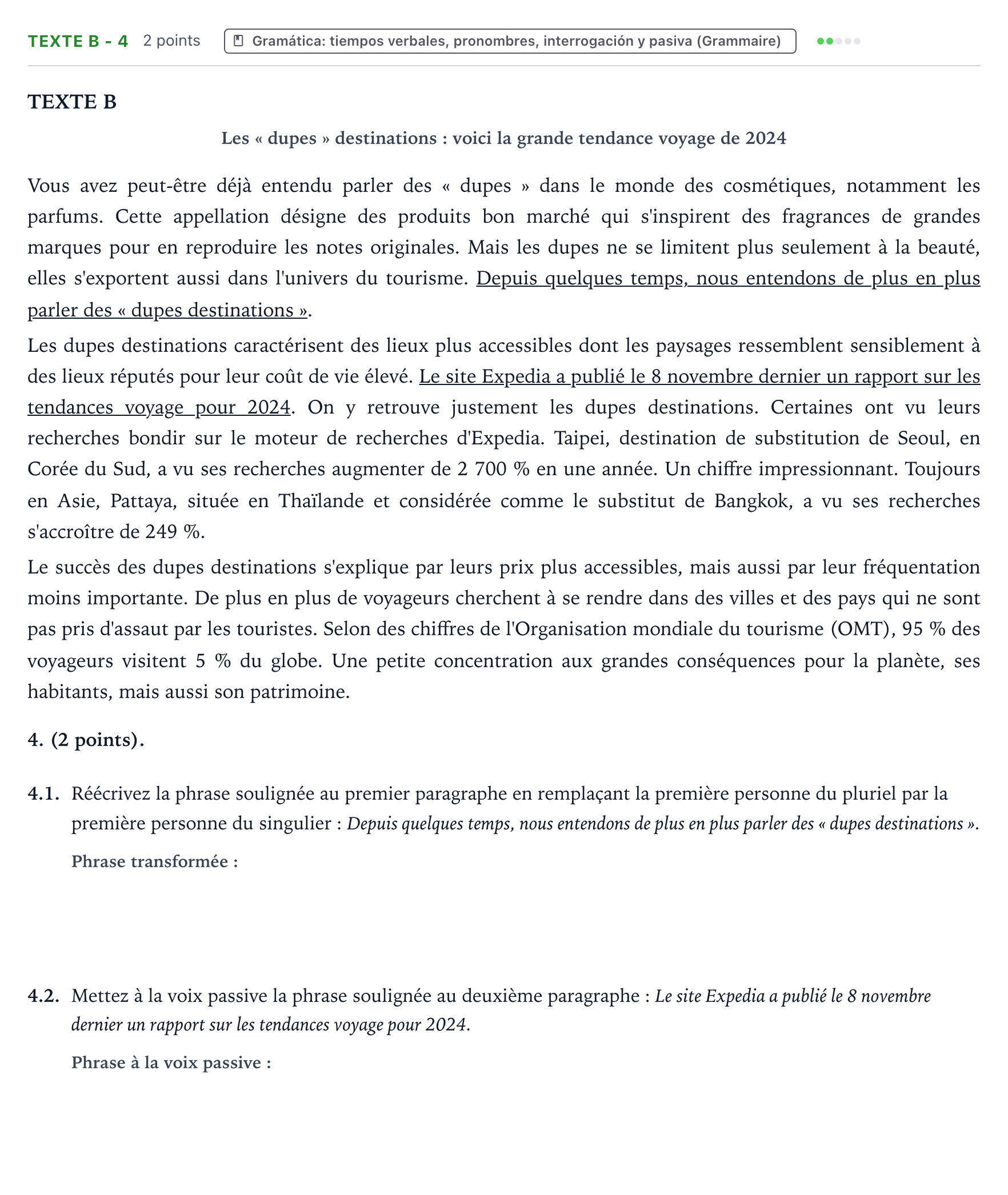 Enunciado: Ejercicio Texte B - 4 · Francés PAU Aragón Ordinaria 2024