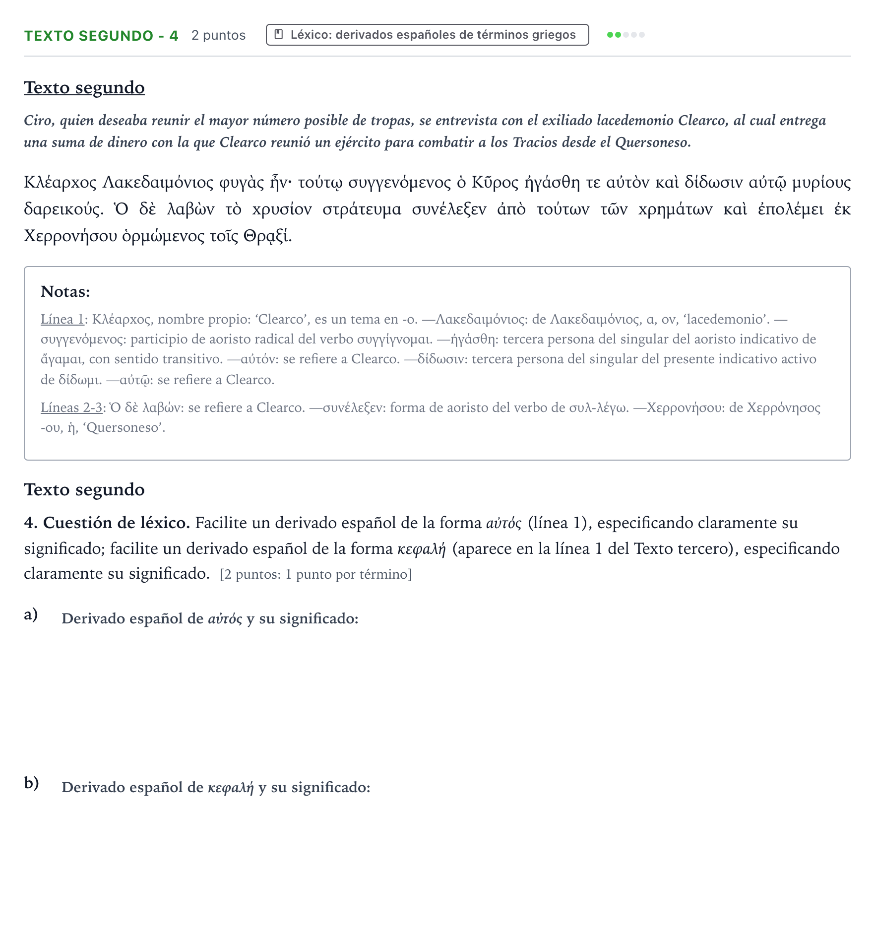 Enunciado: Ejercicio Texto segundo - 4 · Griego II PAU Aragón Extraordinaria 2024