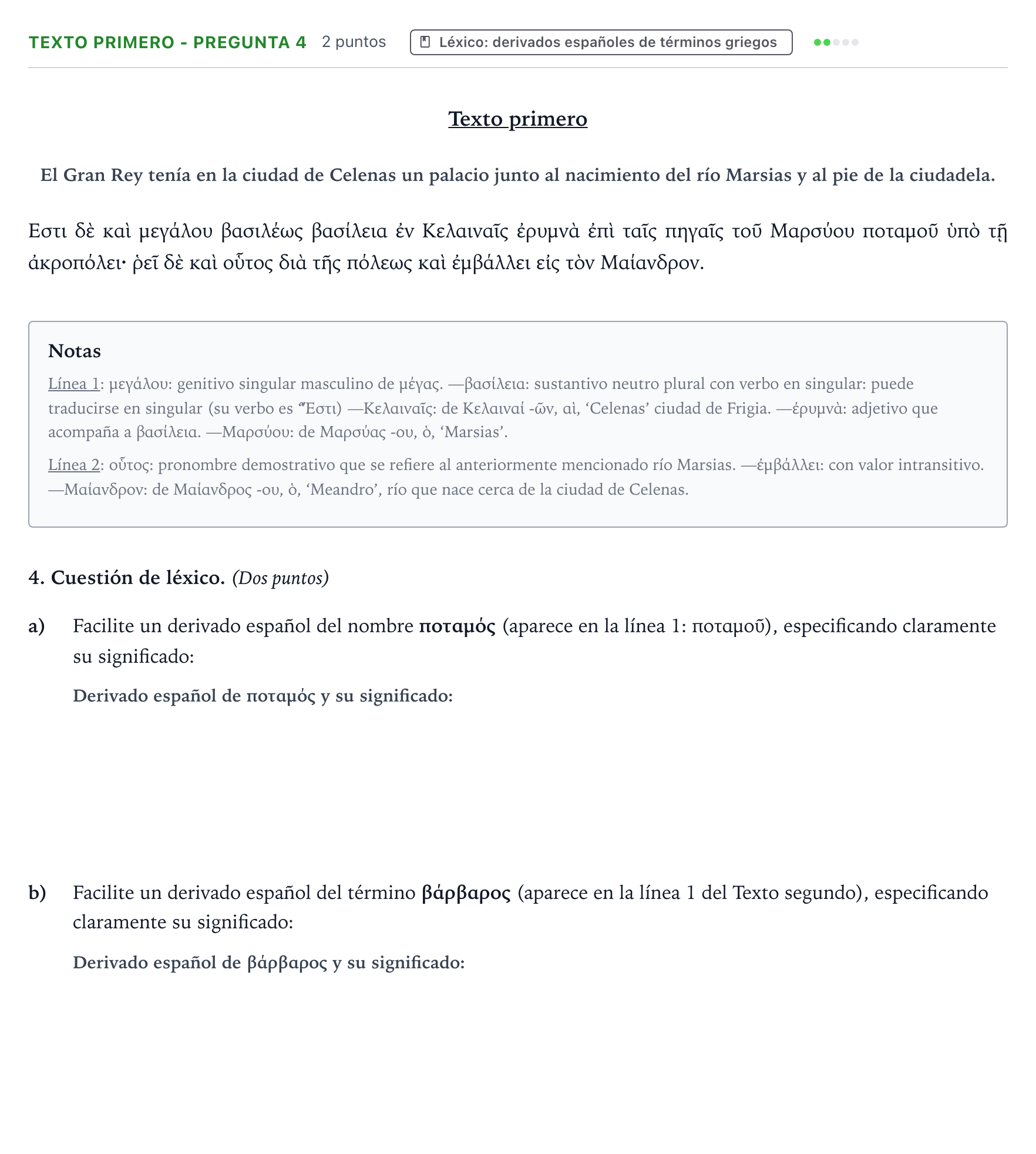 Enunciado: Ejercicio Texto primero - Pregunta 4 · Griego II PAU Aragón Ordinaria 2024