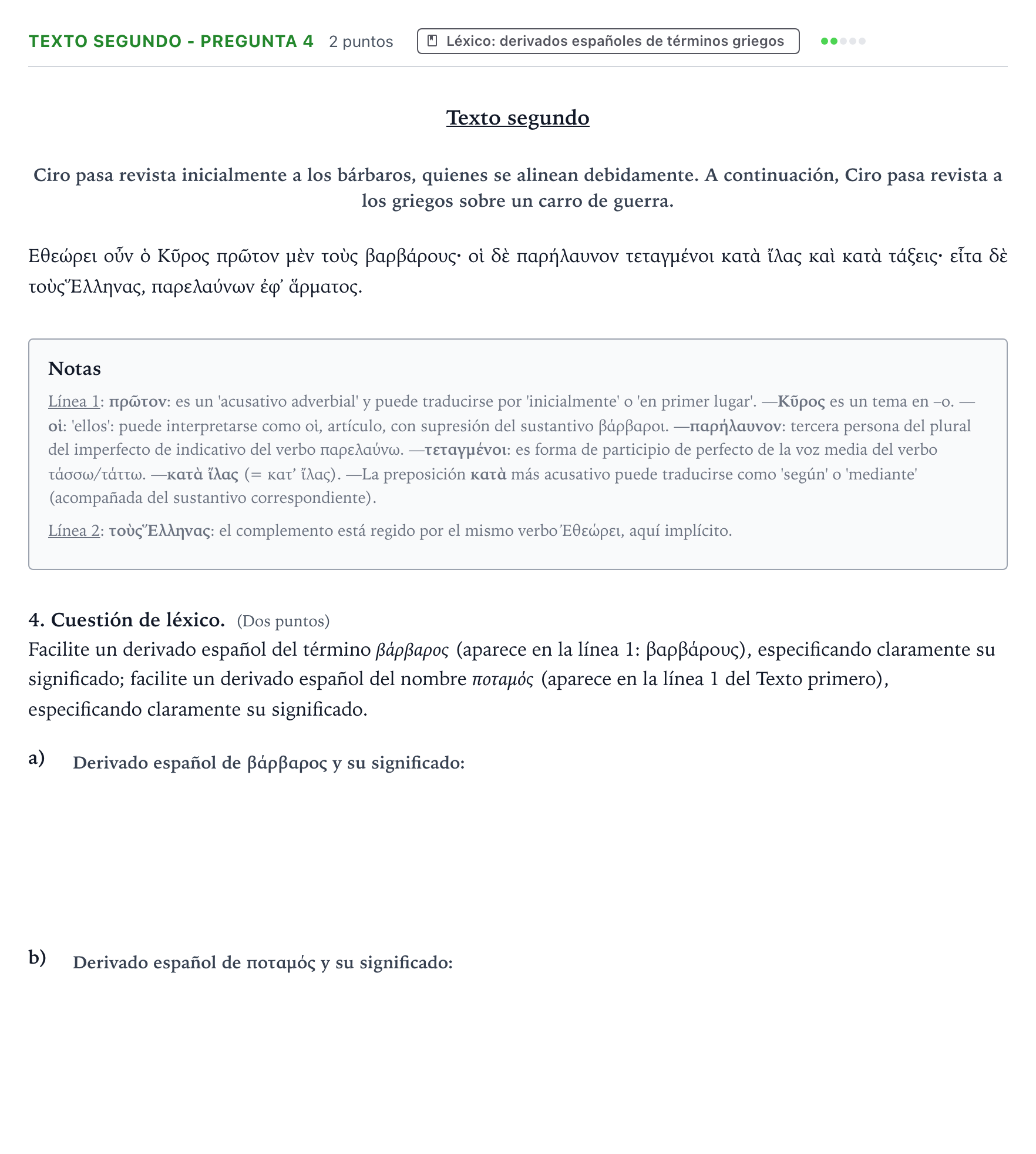 Enunciado: Ejercicio Texto segundo - Pregunta 4 · Griego II PAU Aragón Ordinaria 2024