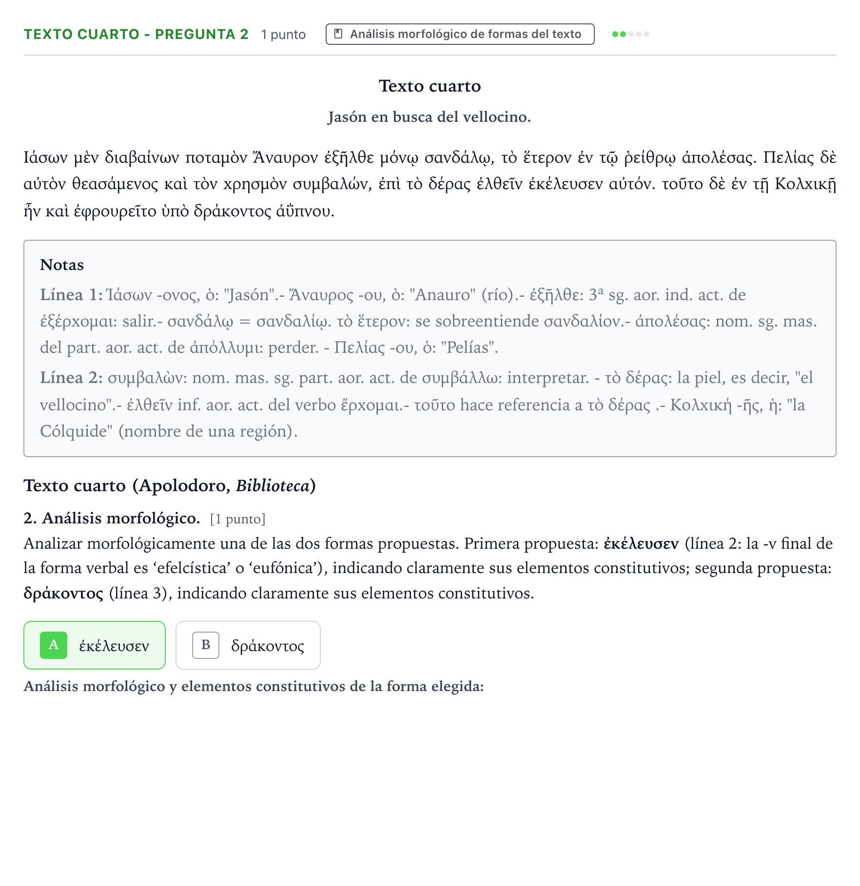 Enunciado: Ejercicio Texto cuarto - Pregunta 2 · Griego II PAU Aragón Ordinaria 2024
