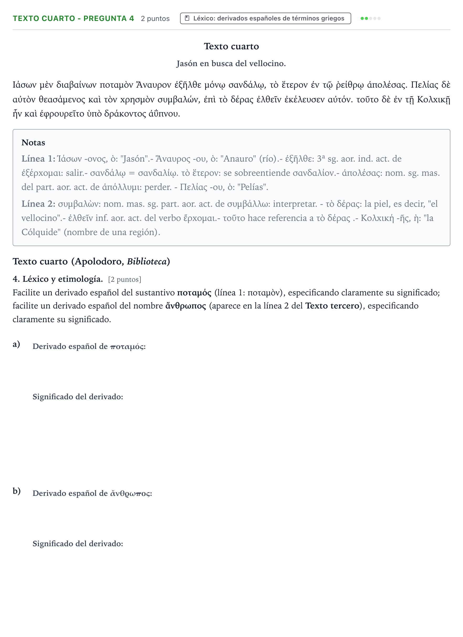 Enunciado: Ejercicio Texto cuarto - Pregunta 4 · Griego II PAU Aragón Ordinaria 2024