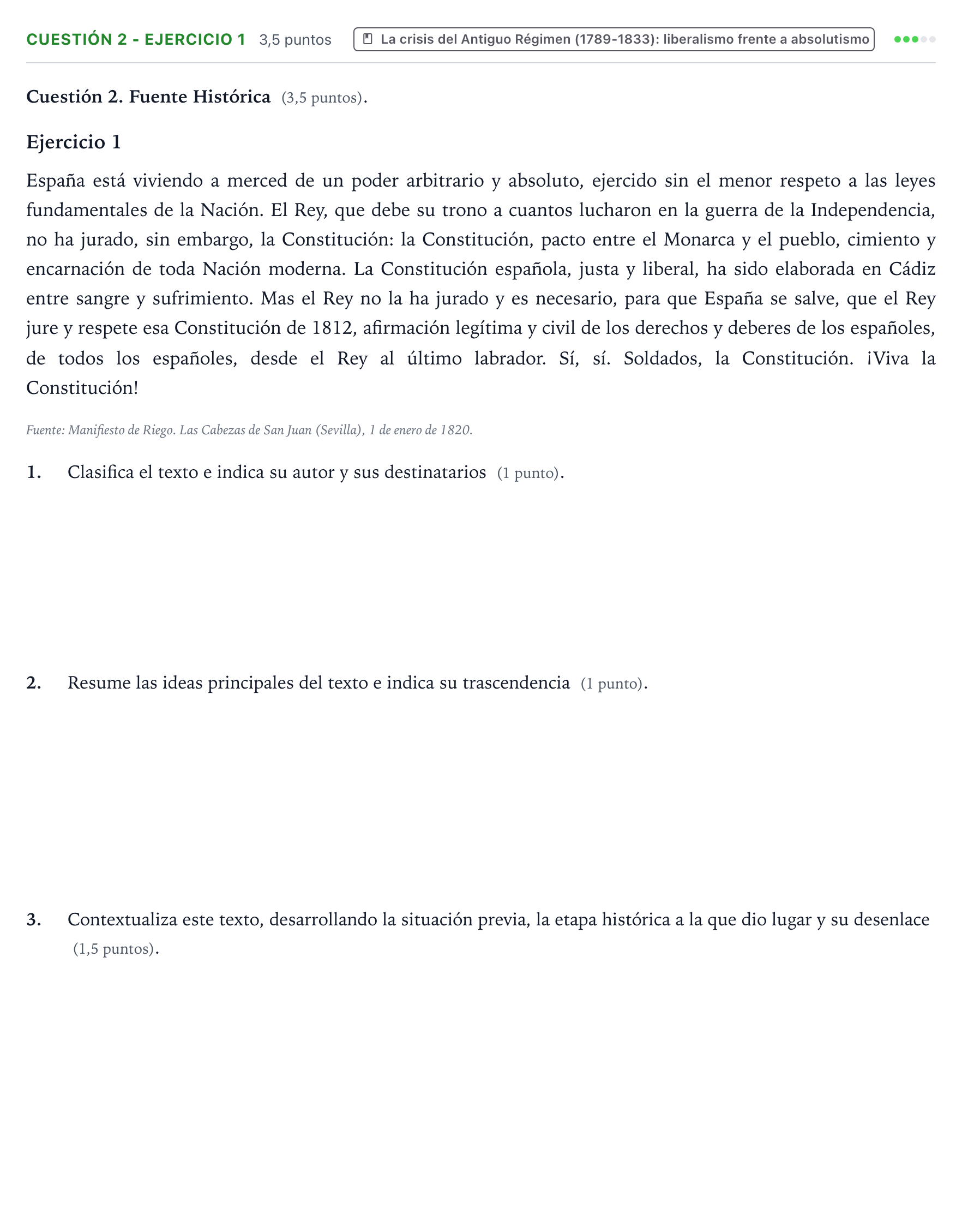 Enunciado: Cuestión 2 - Ejercicio 1 · Historia de España PAU Aragón Extraordinaria 2024