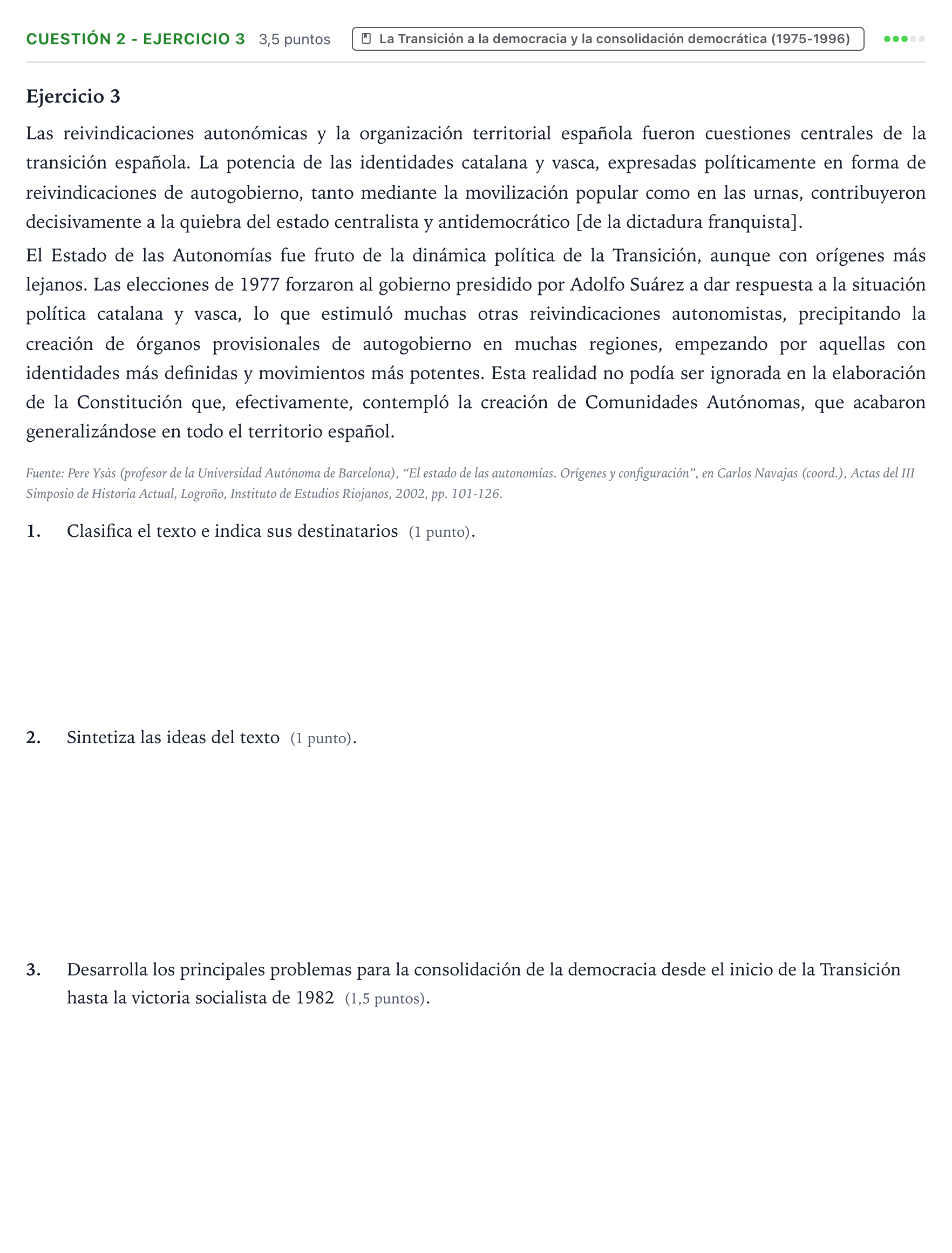 Enunciado: Cuestión 2 - Ejercicio 3 · Historia de España PAU Aragón Ordinaria 2024