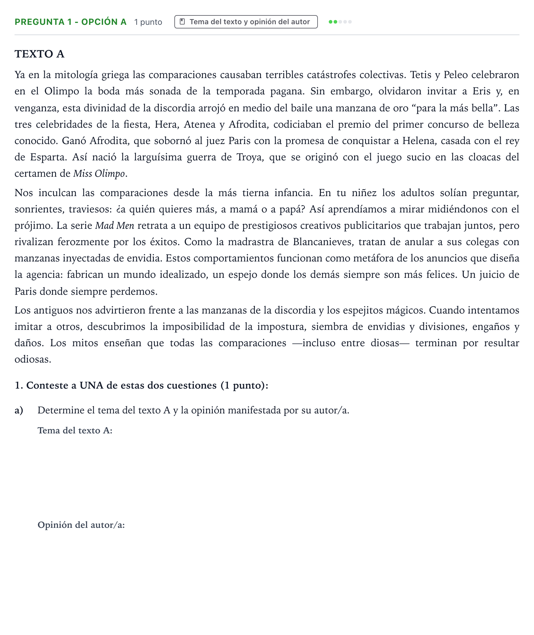 Enunciado: Pregunta 1 - Opción a · Lengua Castellana y Literatura II PAU Aragón Ordinaria 2024