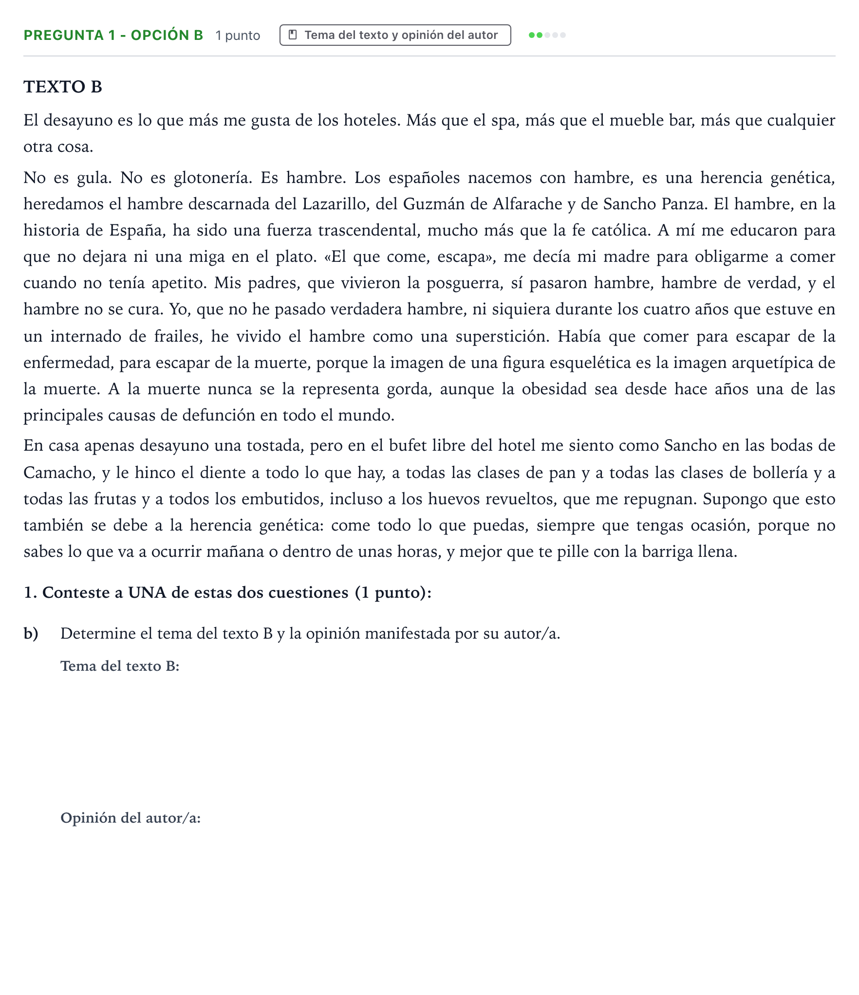 Enunciado: Pregunta 1 - Opción b · Lengua Castellana y Literatura II PAU Aragón Ordinaria 2024