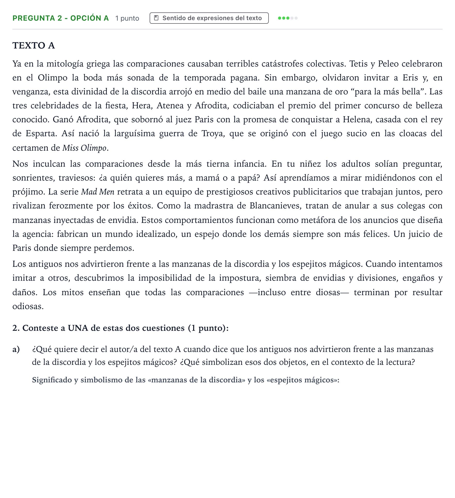 Enunciado: Pregunta 2 - Opción a · Lengua Castellana y Literatura II PAU Aragón Ordinaria 2024