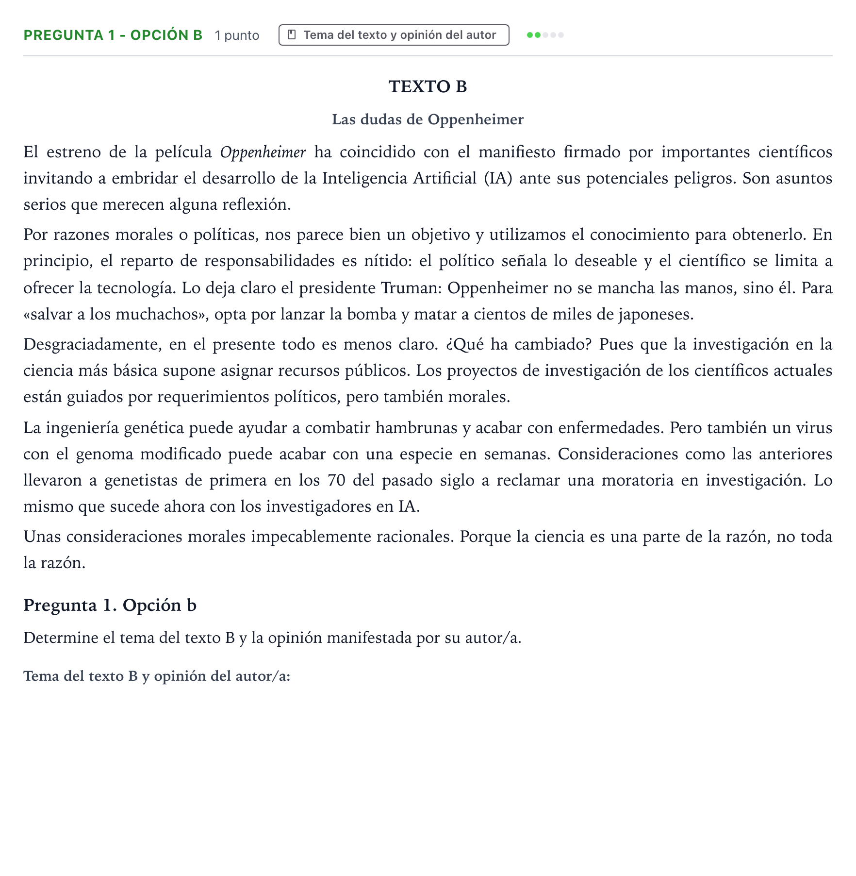 Enunciado: Pregunta 1 - Opción b · Lengua Castellana y Literatura II PAU Aragón Extraordinaria 2024