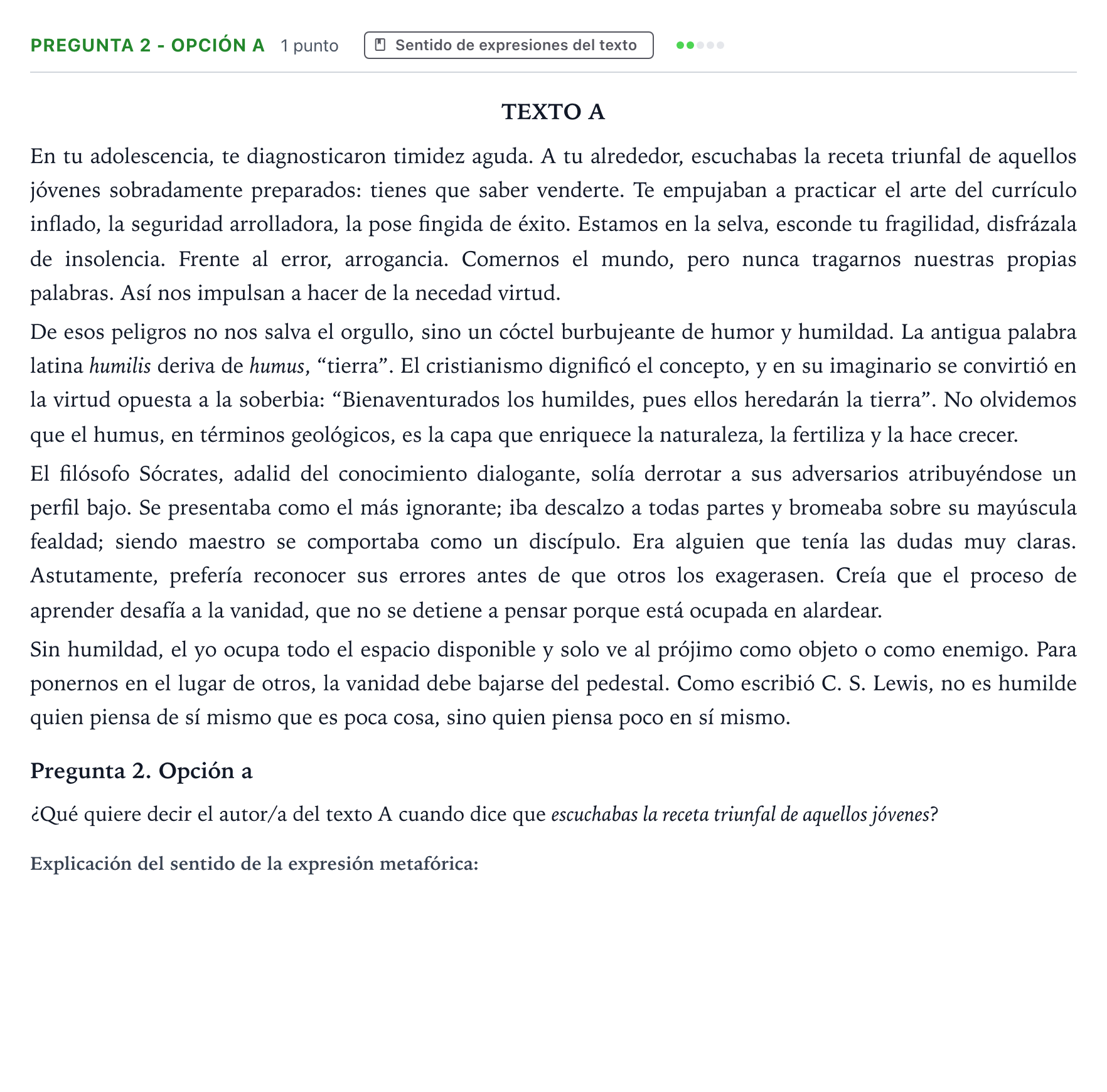Enunciado: Pregunta 2 - Opción a · Lengua Castellana y Literatura II PAU Aragón Extraordinaria 2024