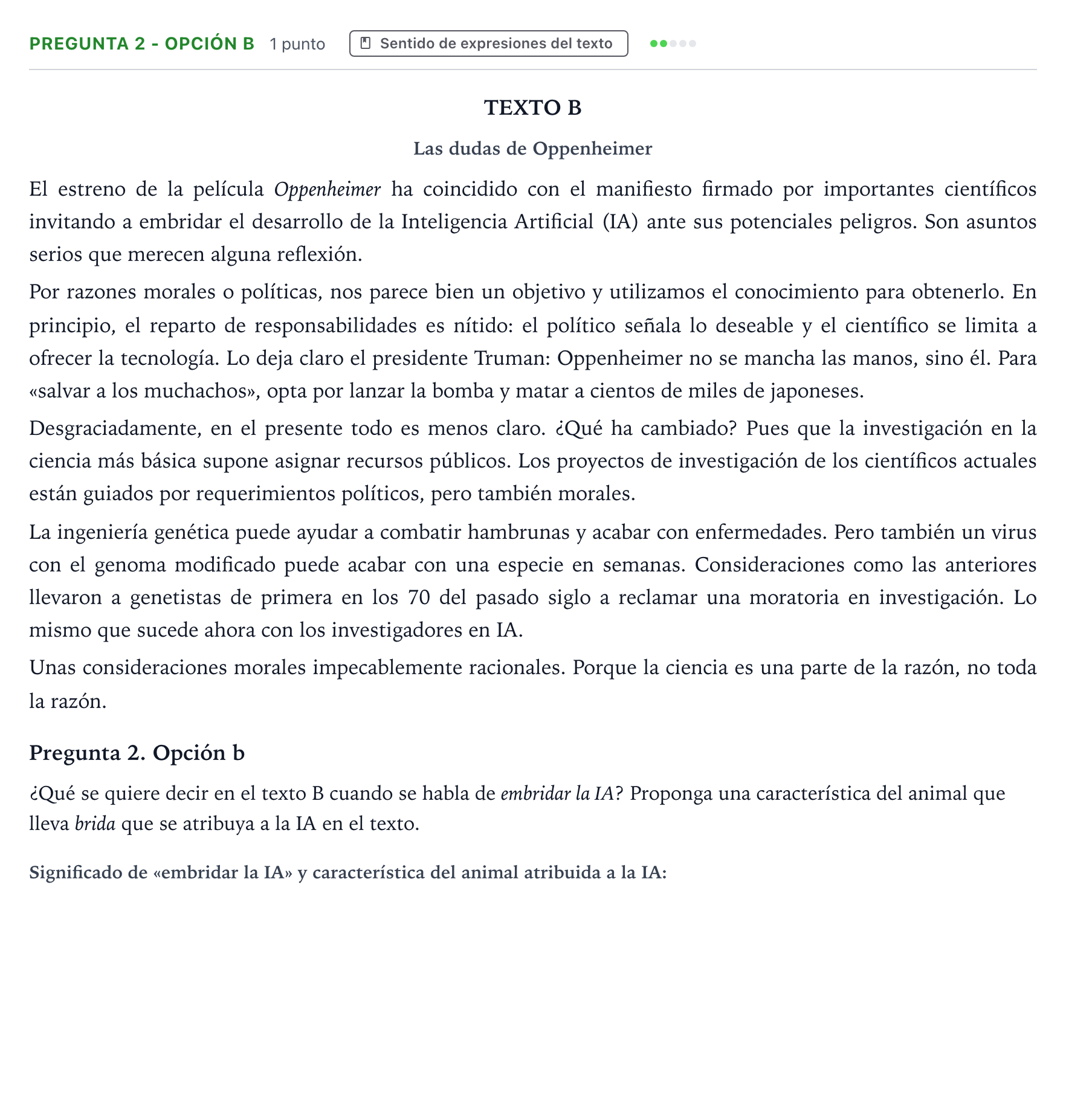 Enunciado: Pregunta 2 - Opción b · Lengua Castellana y Literatura II PAU Aragón Extraordinaria 2024