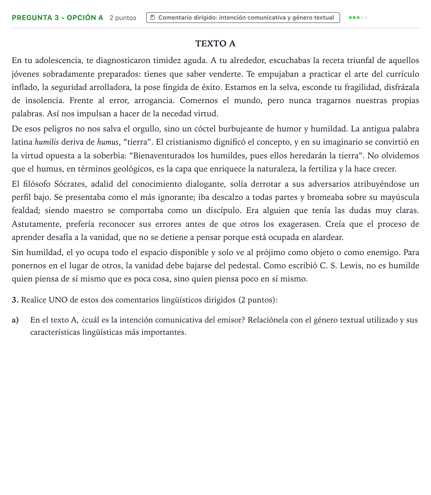 Enunciado: Pregunta 3 - Opción a · Lengua Castellana y Literatura II PAU Aragón Extraordinaria 2024