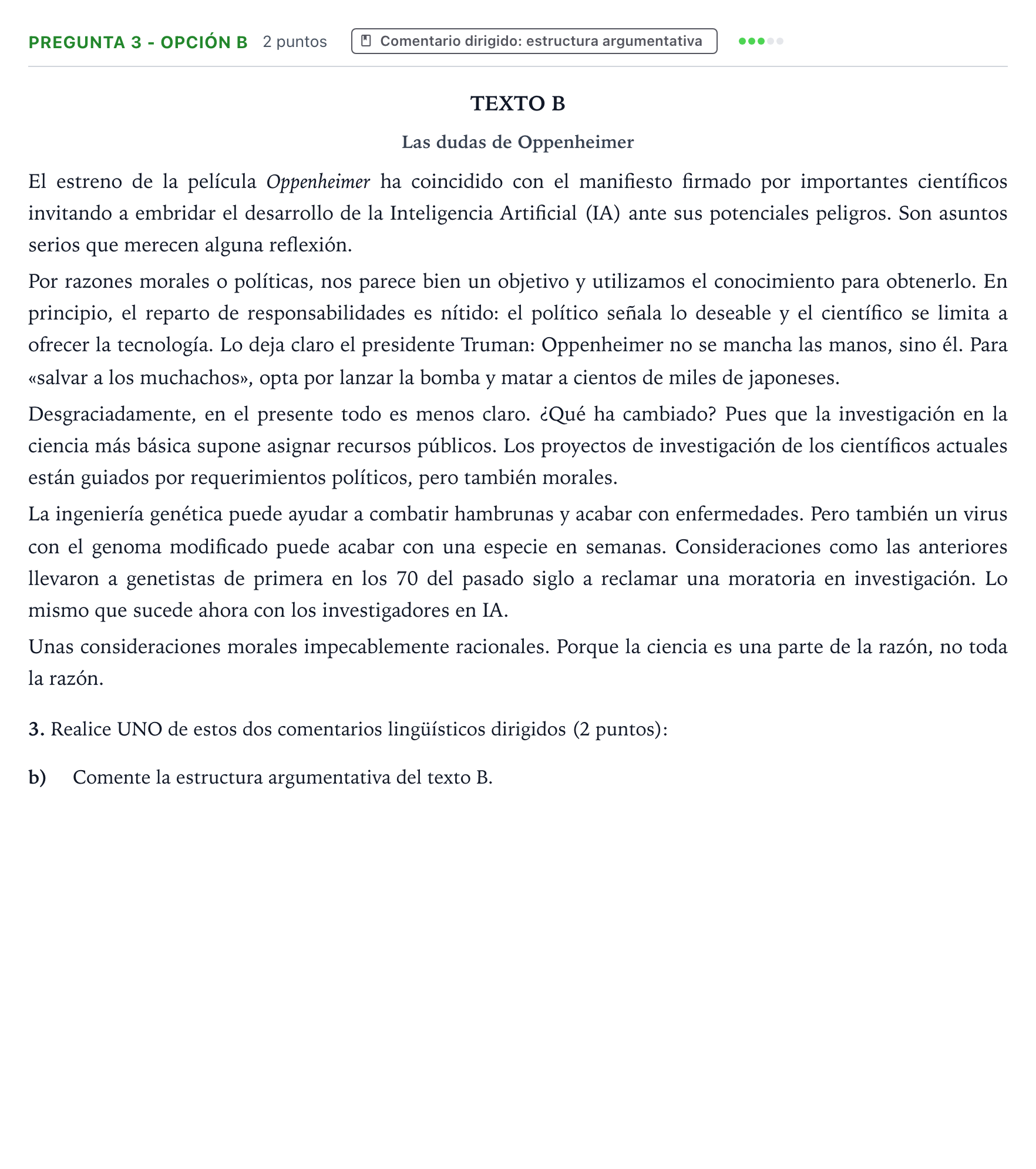 Enunciado: Pregunta 3 - Opción b · Lengua Castellana y Literatura II PAU Aragón Extraordinaria 2024