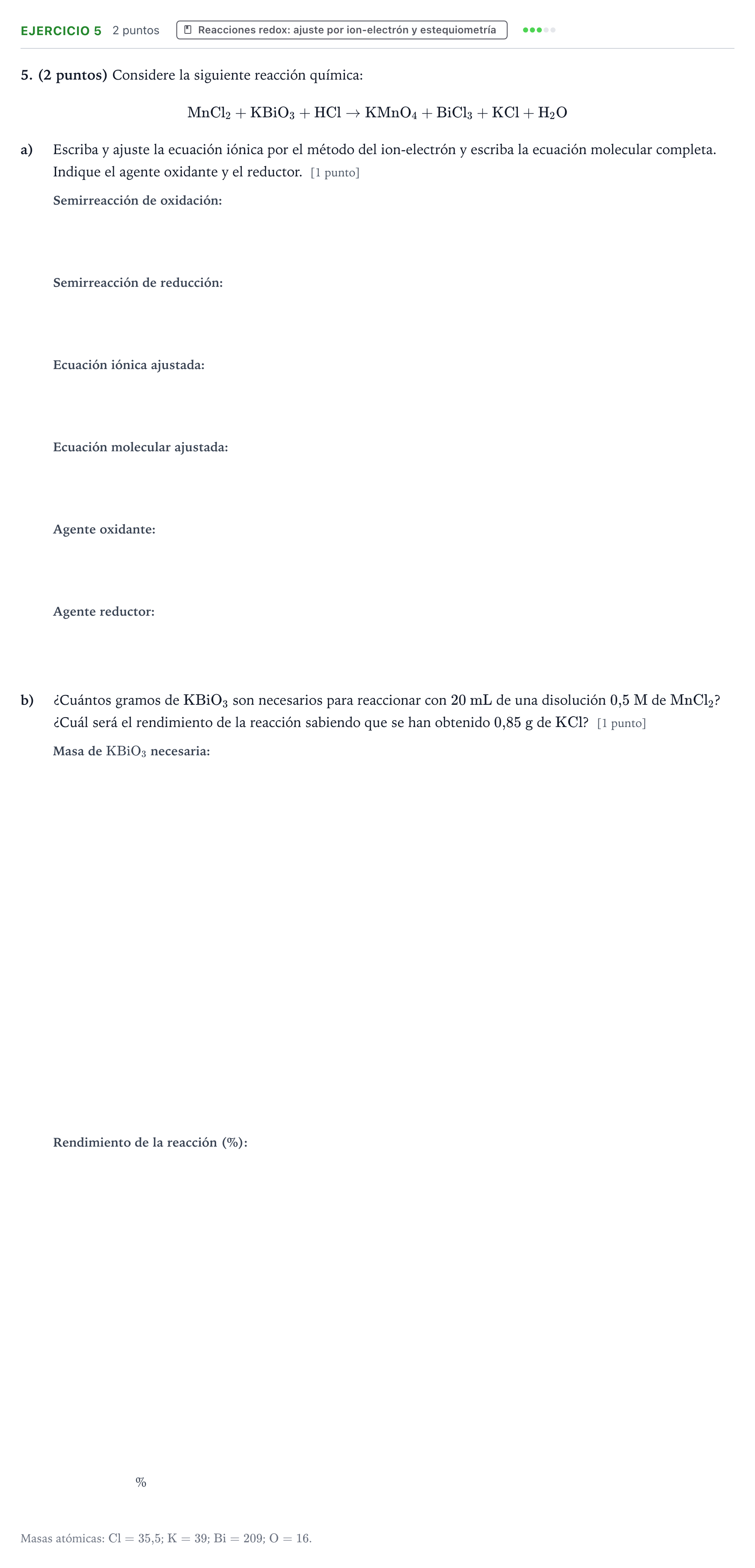 Enunciado: Problema 5 · Química PAU Aragón Extraordinaria 2024