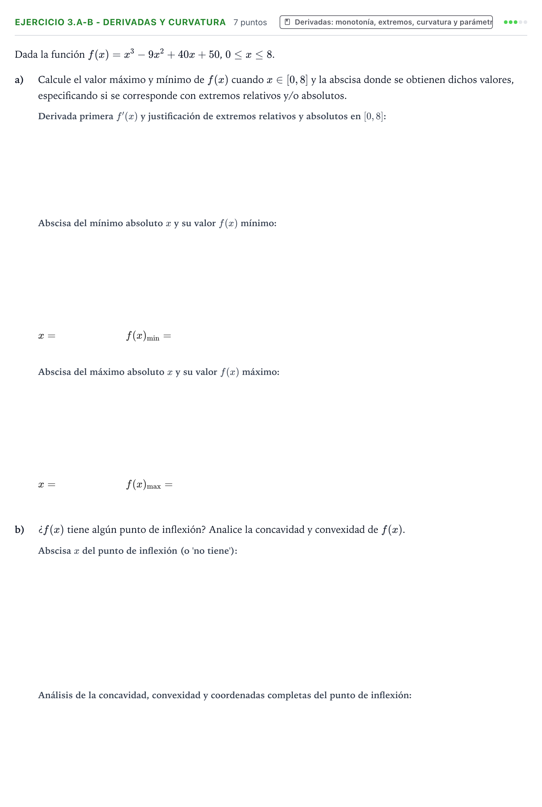 Enunciado: Ejercicio 3.a-b - Derivadas y curvatura · Matemáticas aplicadas a las Ciencias Sociales II PAU Aragón Ordinaria 2024