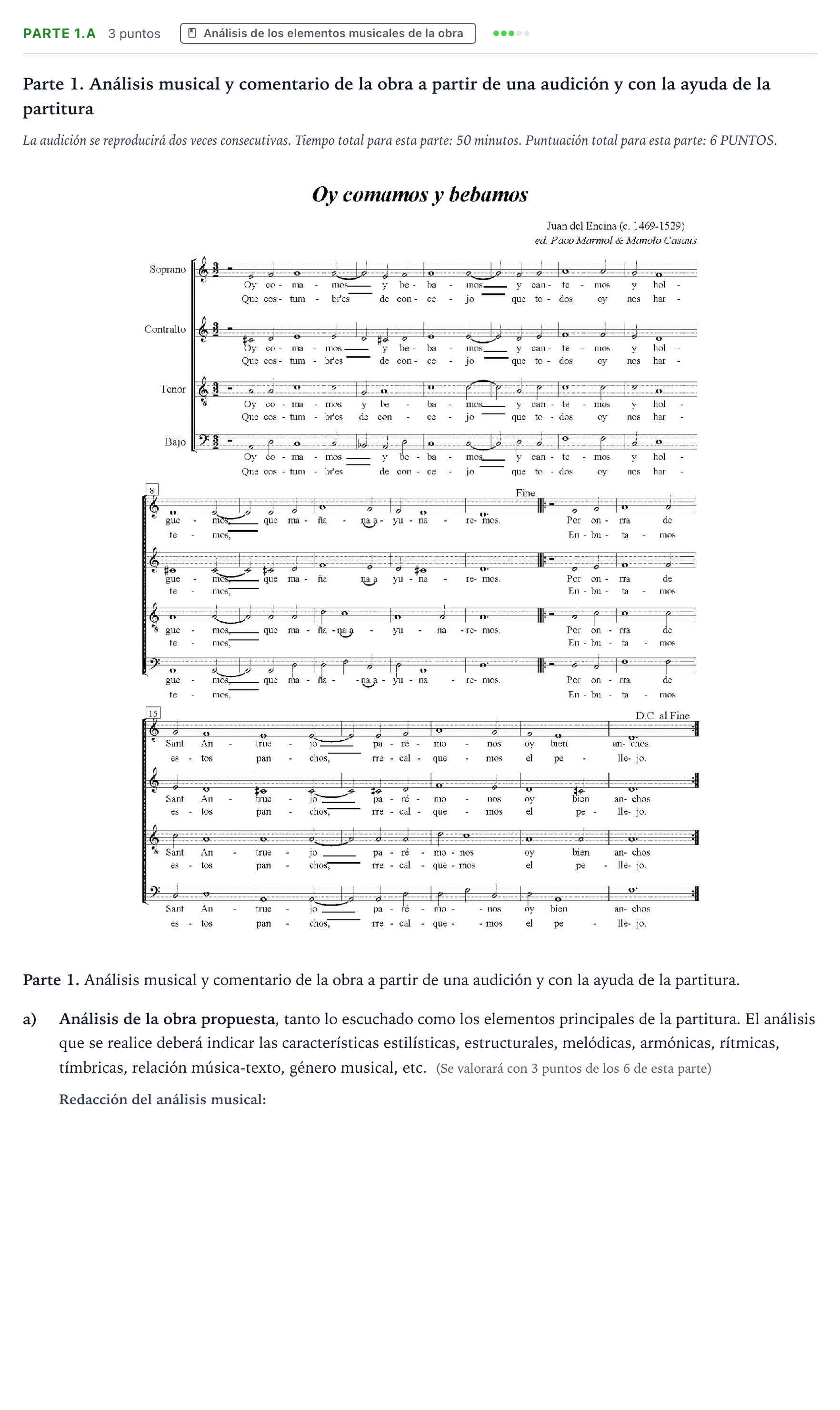 Enunciado: Ejercicio Parte 1.a · Análisis Musical II PAU Aragón Ordinaria 2024
