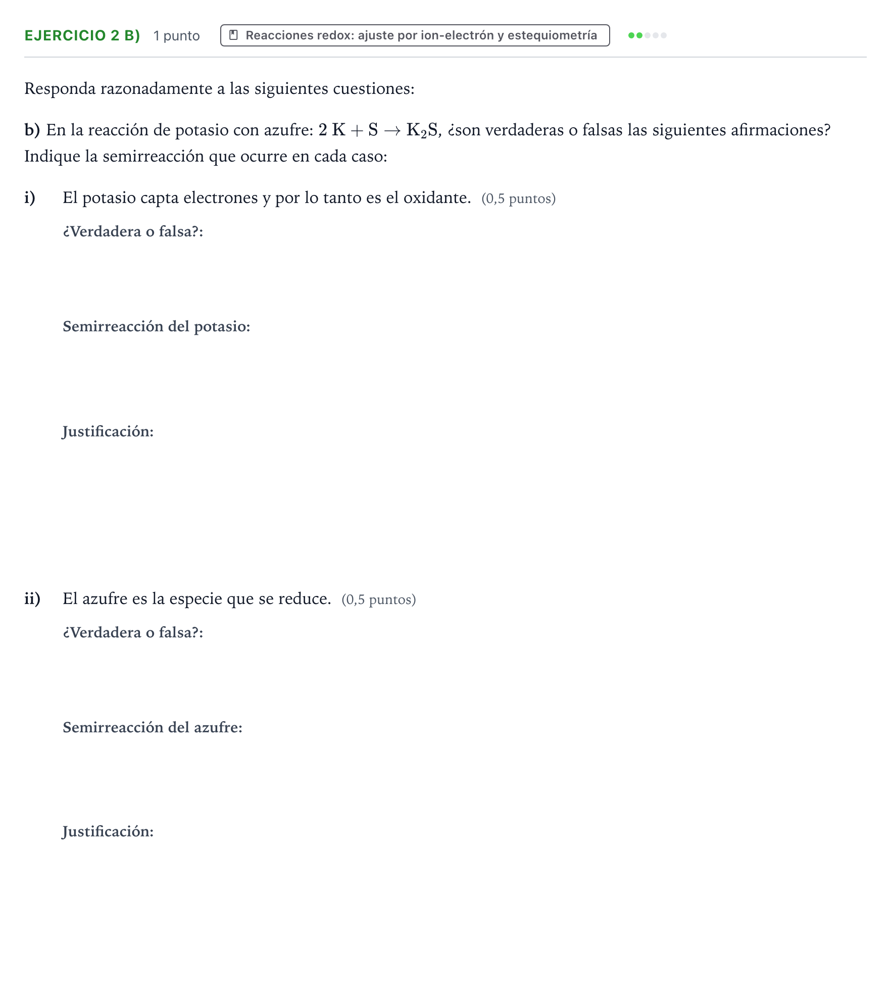 Enunciado: Ejercicio 2 b) - Reacciones redox · Química PAU Aragón Ordinaria 2024