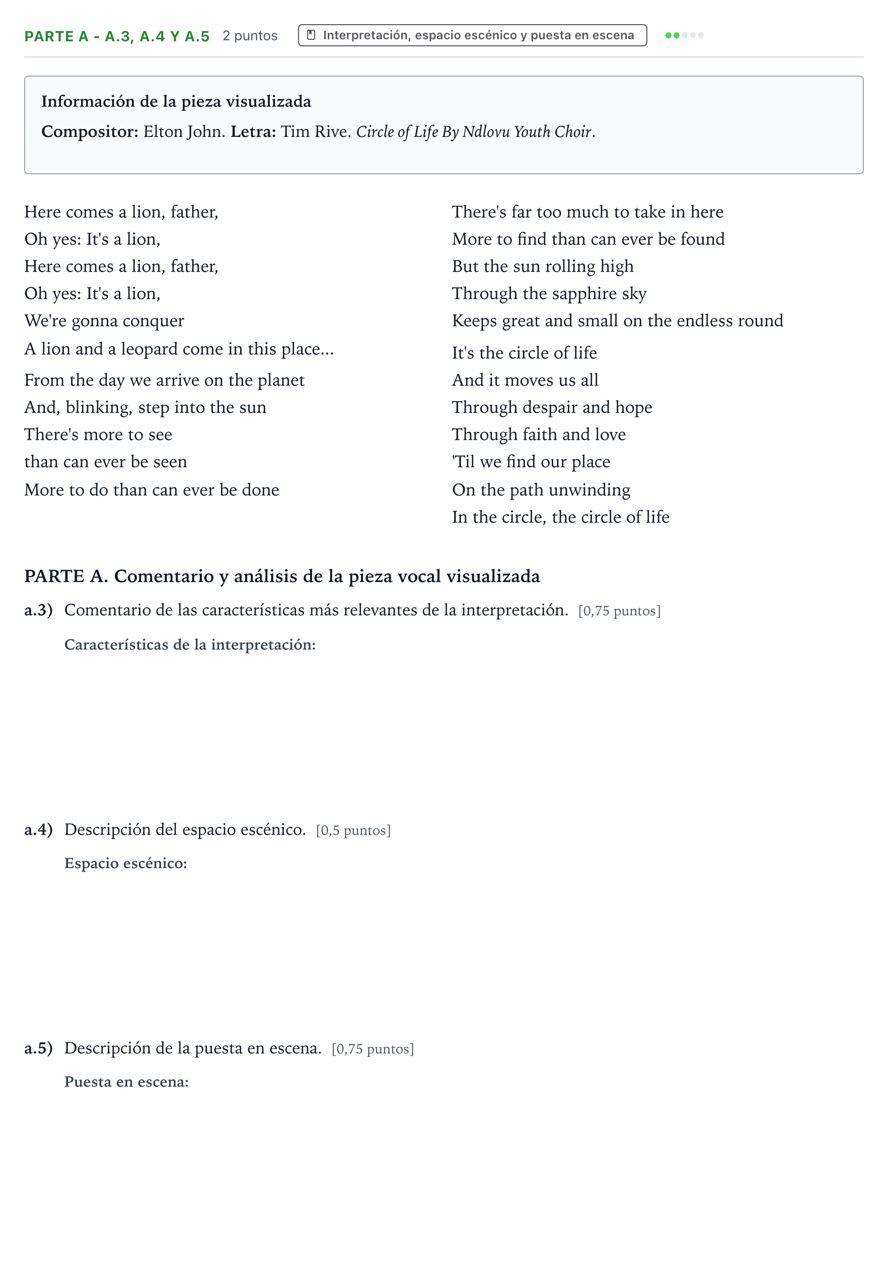 Enunciado: Ejercicio Parte A - a.3, a.4 y a.5 · Coro y Técnica Vocal PAU Aragón Ordinaria 2024