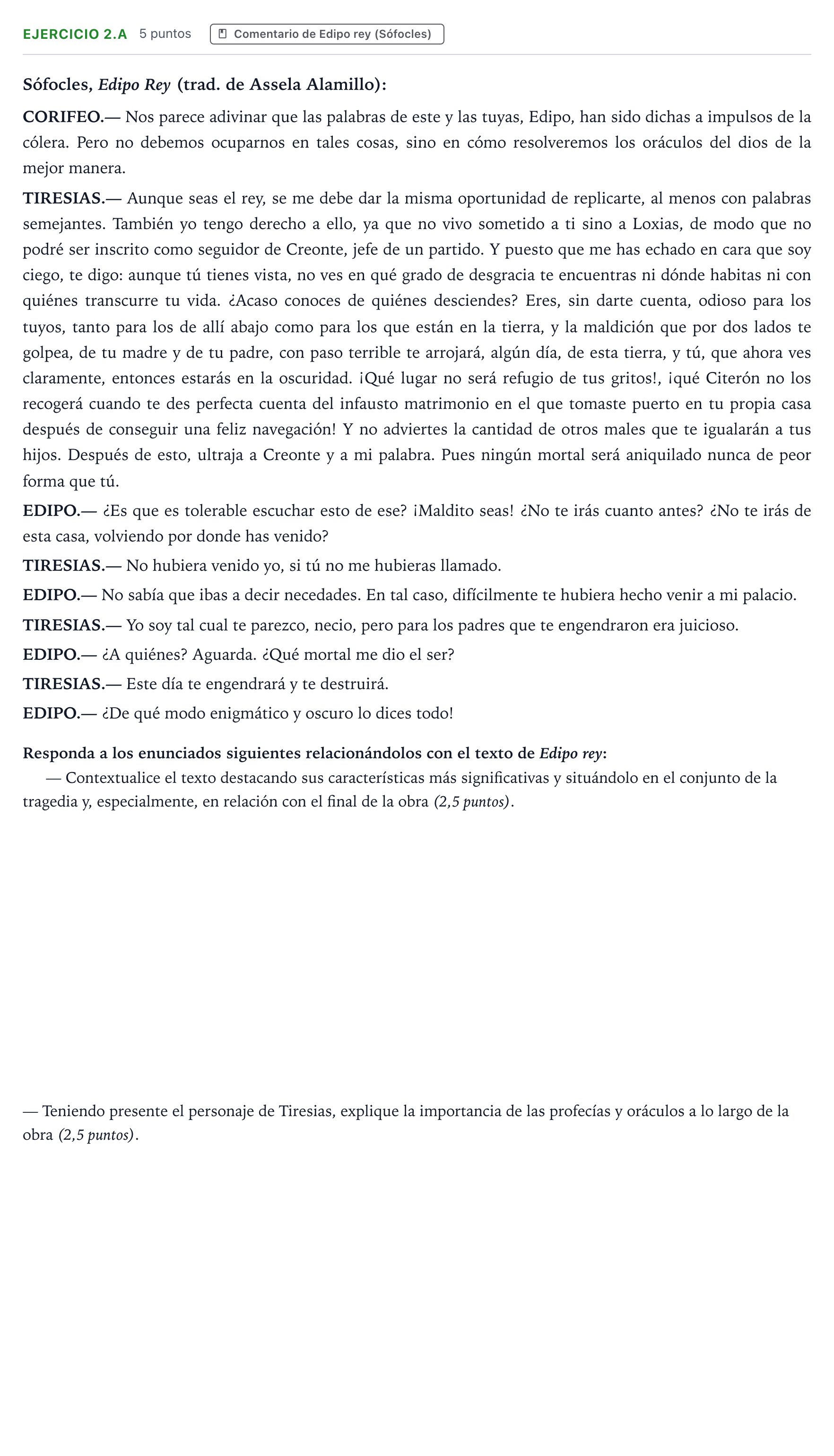 Enunciado: Ejercicio 2.a · Literatura Dramática PAU Aragón Extraordinaria 2024