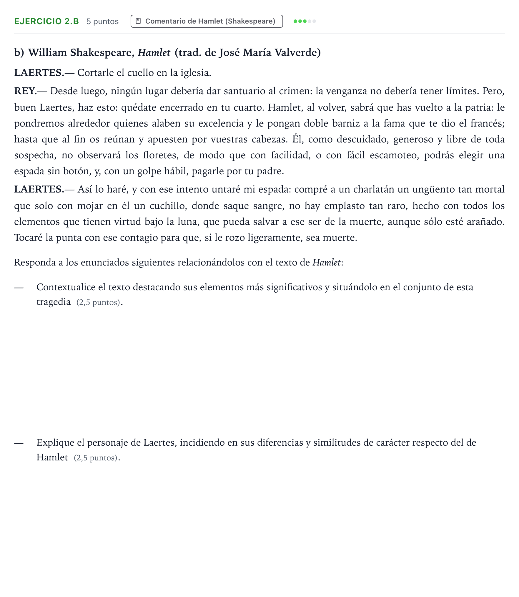 Enunciado: Ejercicio 2.b · Literatura Dramática PAU Aragón Extraordinaria 2024