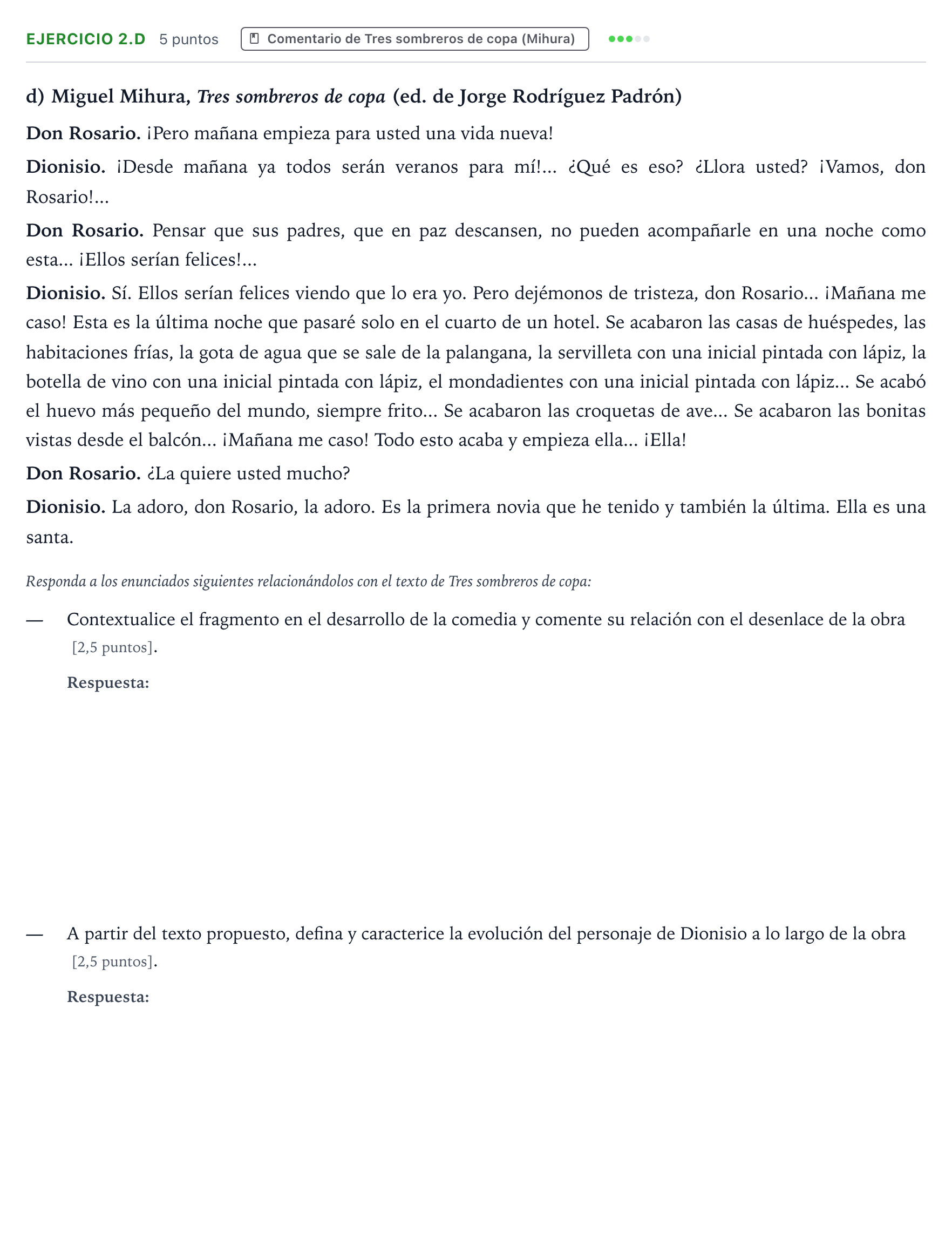 Enunciado: Ejercicio 2.d · Literatura Dramática PAU Aragón Extraordinaria 2024