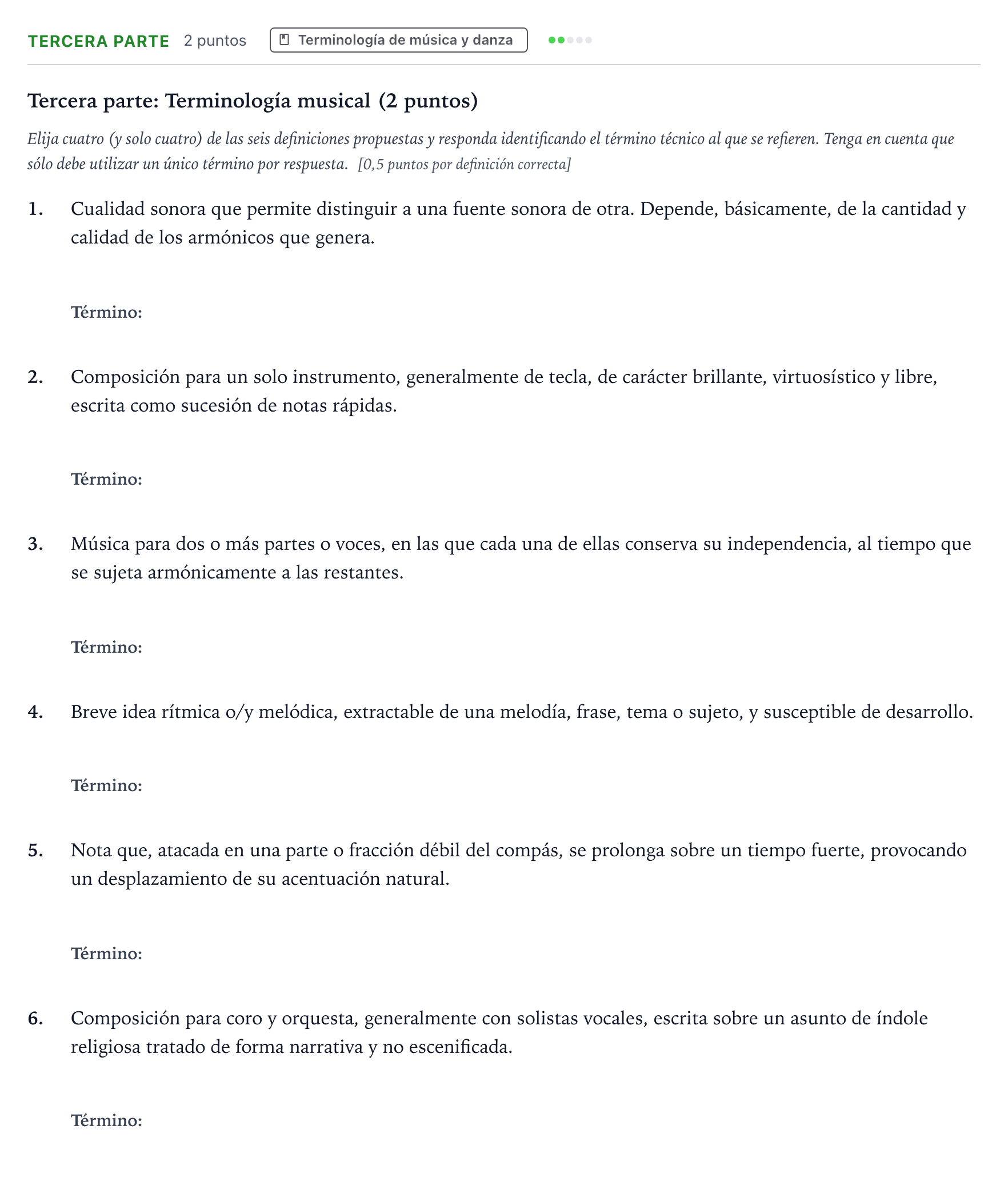 Enunciado: Ejercicio Tercera parte · Historia de la Música y de la Danza PAU Aragón Ordinaria 2024