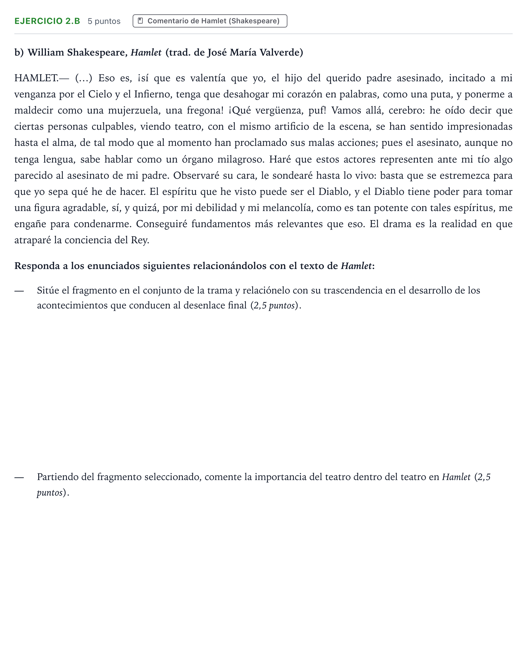 Enunciado: Ejercicio 2.b · Literatura Dramática PAU Aragón Ordinaria 2024
