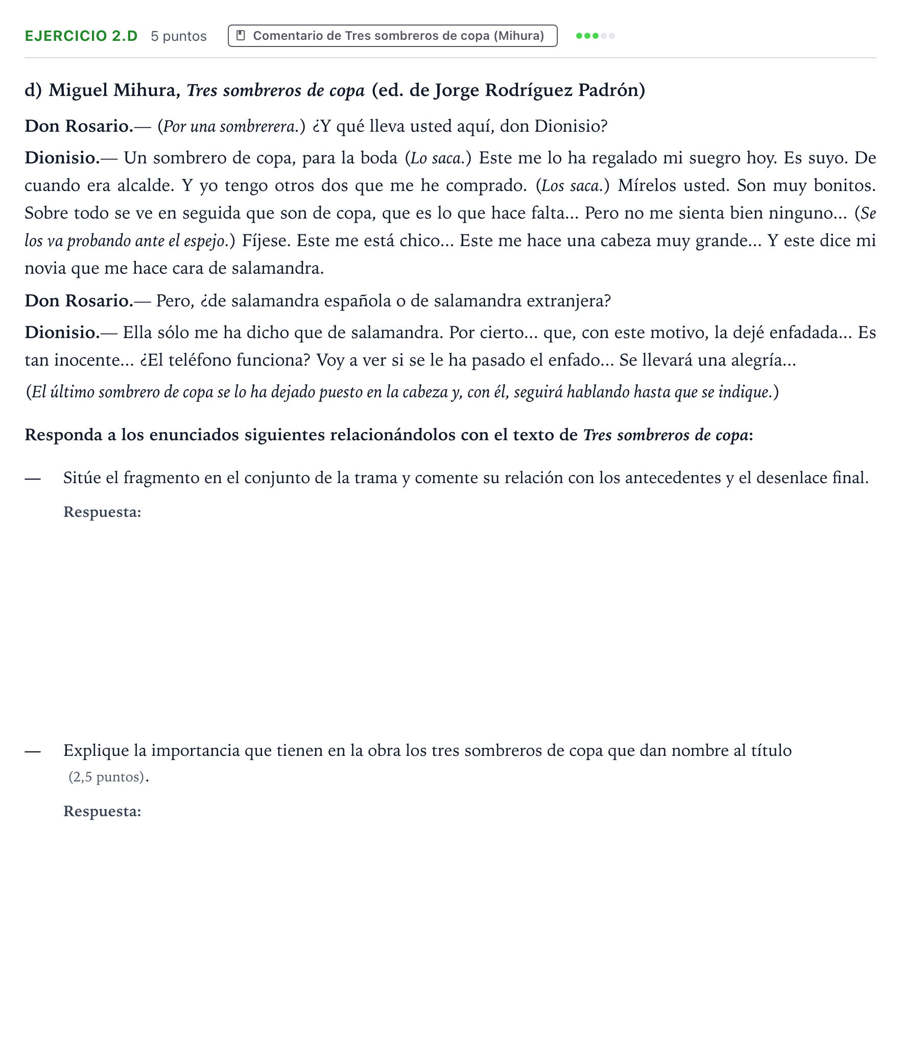 Enunciado: Ejercicio 2.d · Literatura Dramática PAU Aragón Ordinaria 2024
