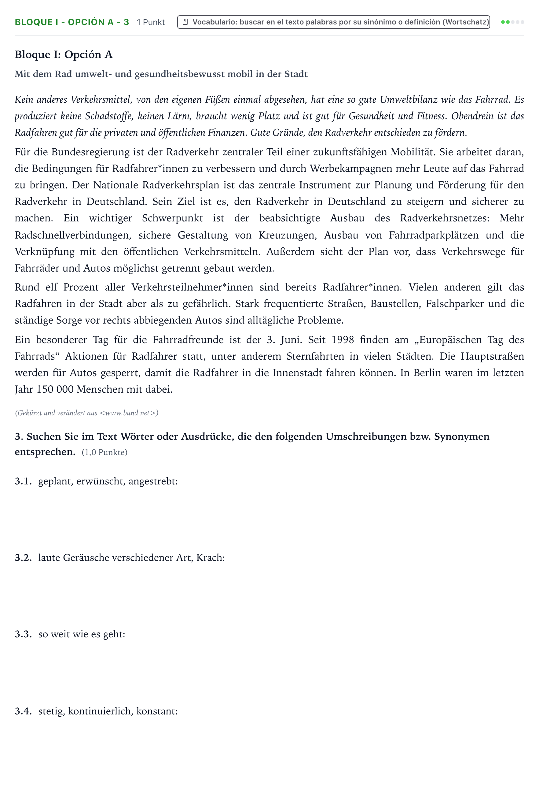 Enunciado: Bloque I - Opción A - 3 · Alemán PAU Aragón Extraordinaria 2023
